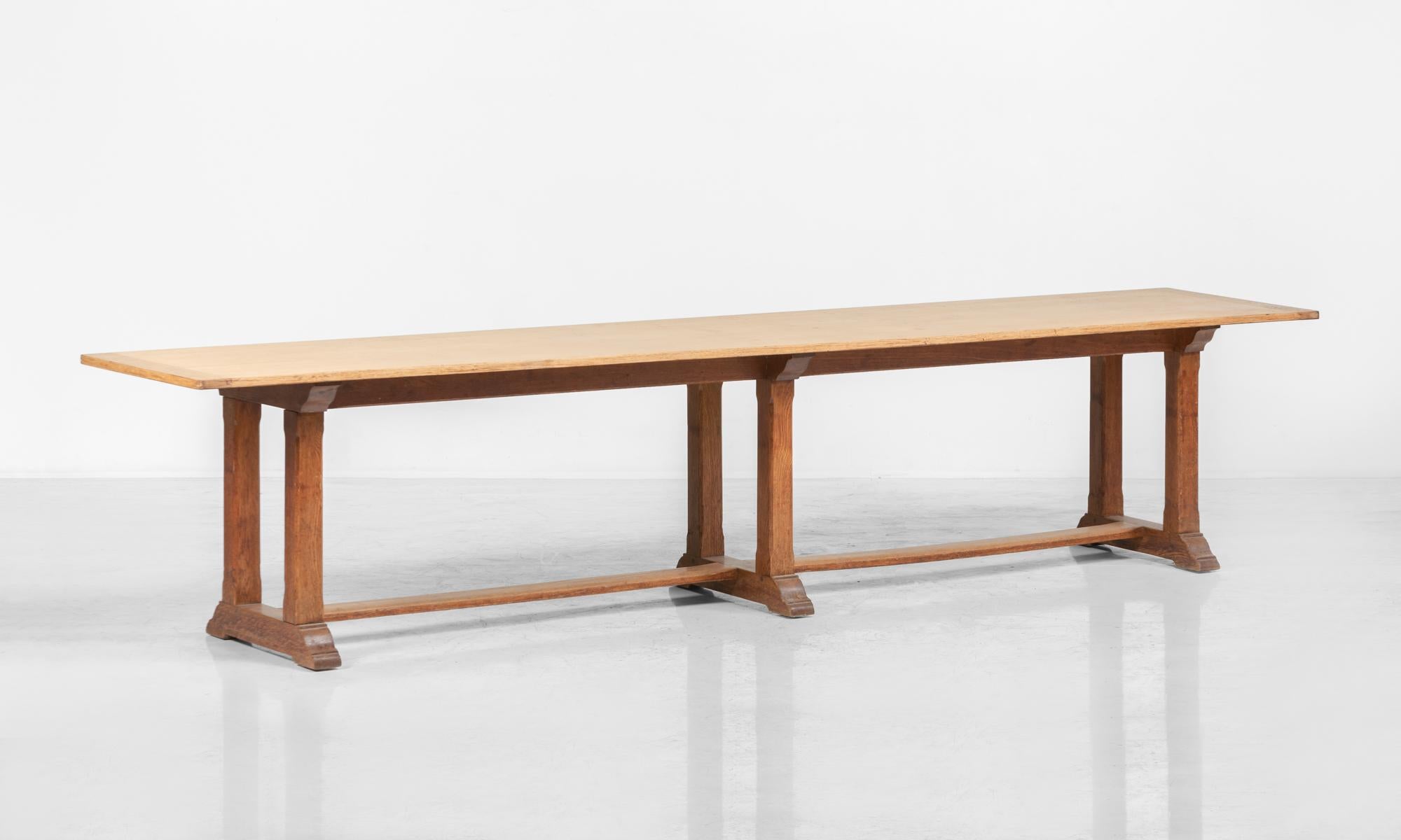 Edwardian oak refectory table, circa 1910

Scrubbed oak top with contrasting legs and stretcher. Originally made and used at Needler Hall in Yorkshire.