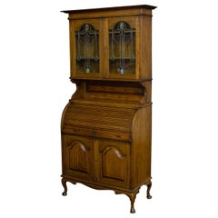Edwardian Oak Roll Top Bookcase with Art Nouveau Stained Windows