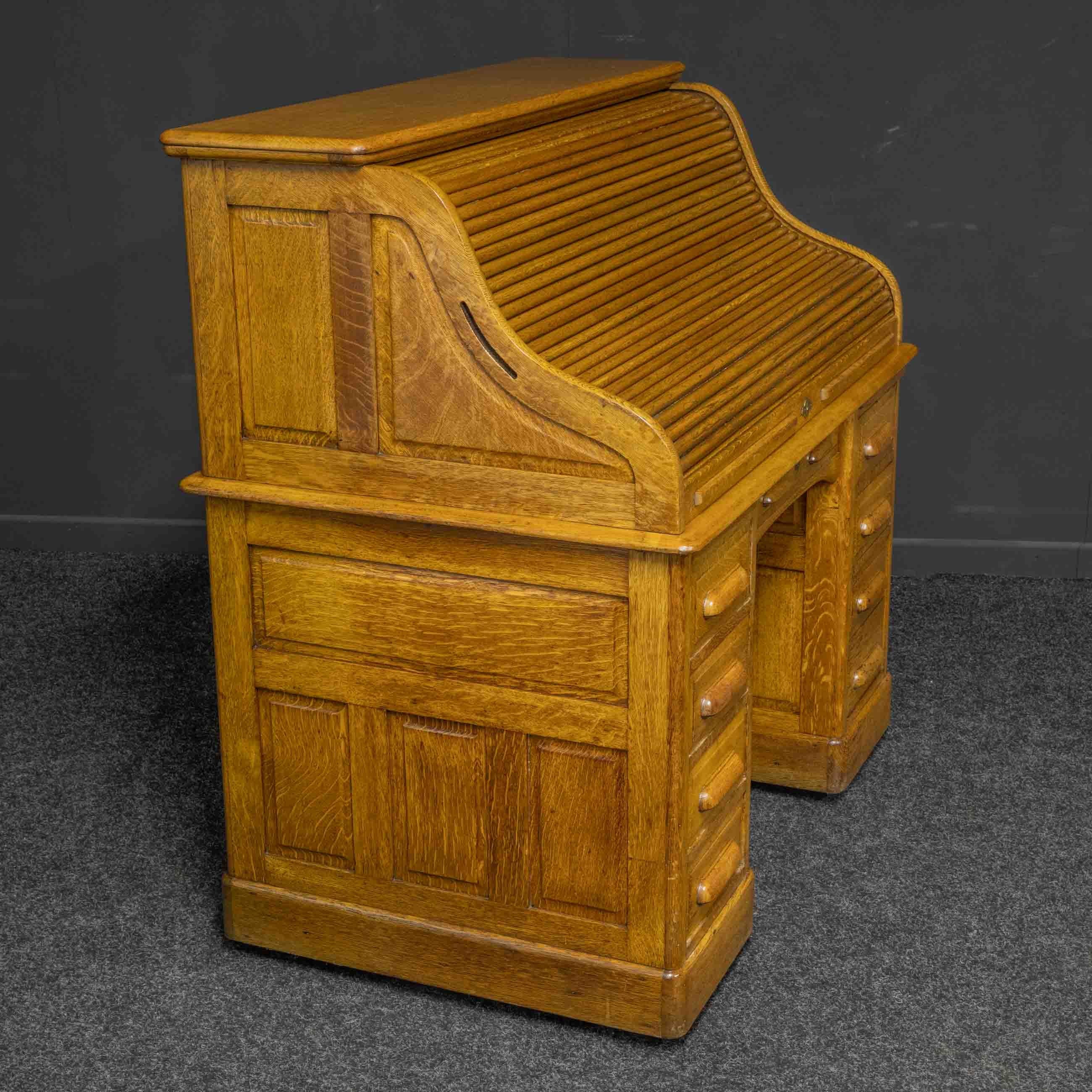 Edwardian Oak Roll Top Desk by Lebus Desk Co For Sale 6