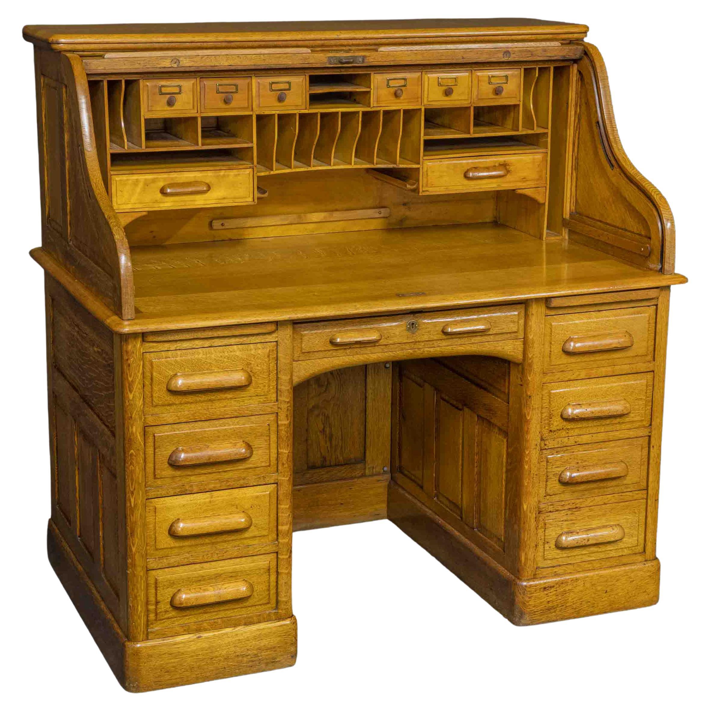 Edwardian Oak Roll Top Desk by Lebus Desk Co For Sale