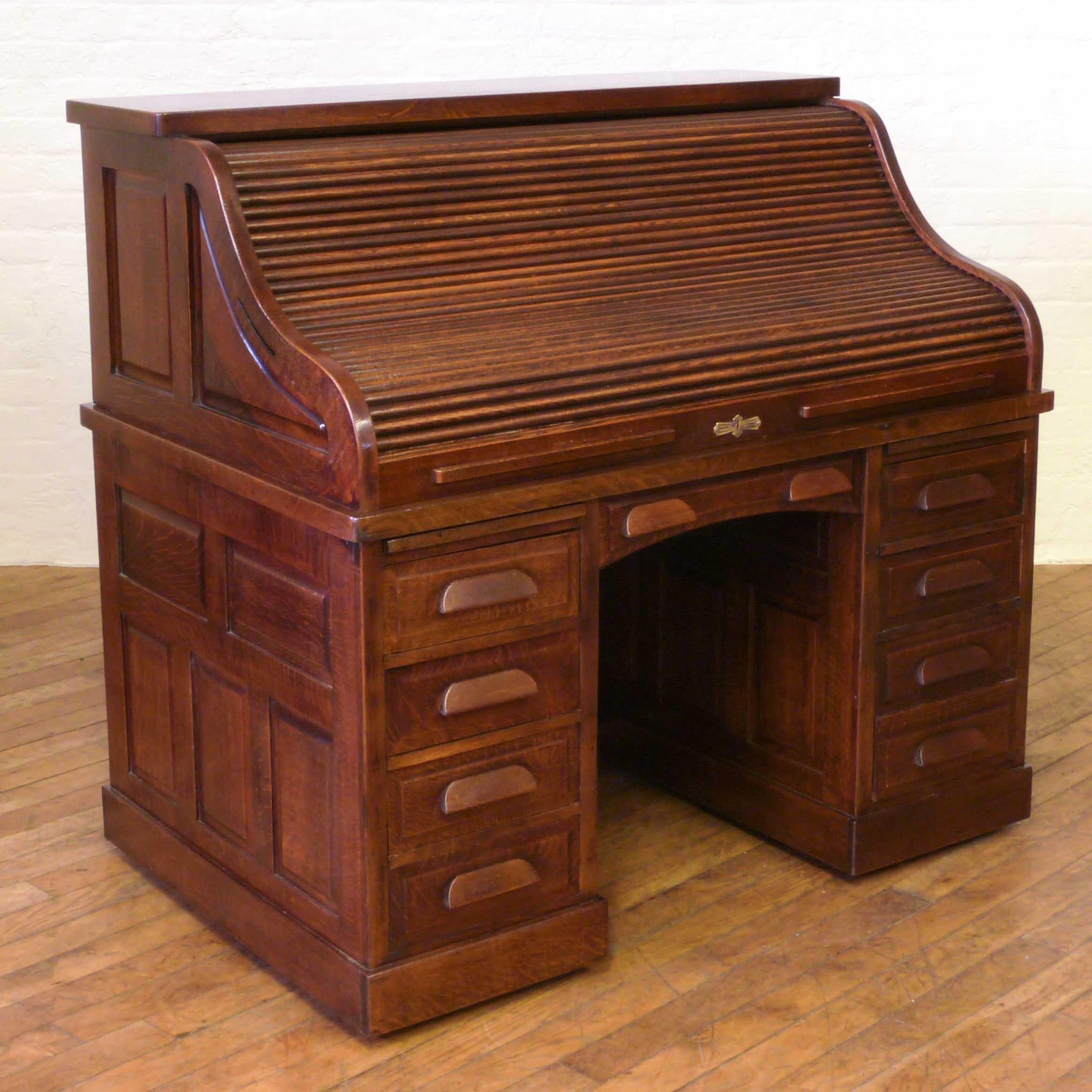 Polished Edwardian Oak Roll Top Desk For Sale