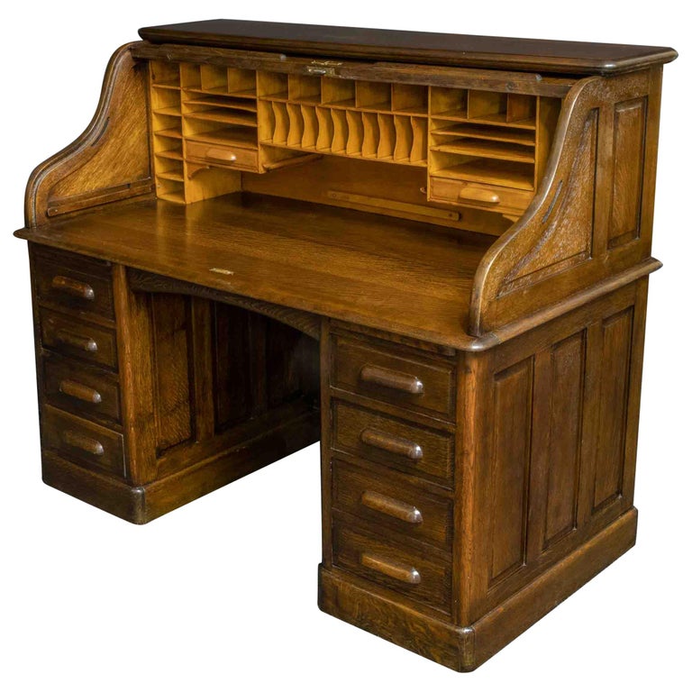 Edwardian Oak Roll Top Desk For At, Antique Oak Desk Value
