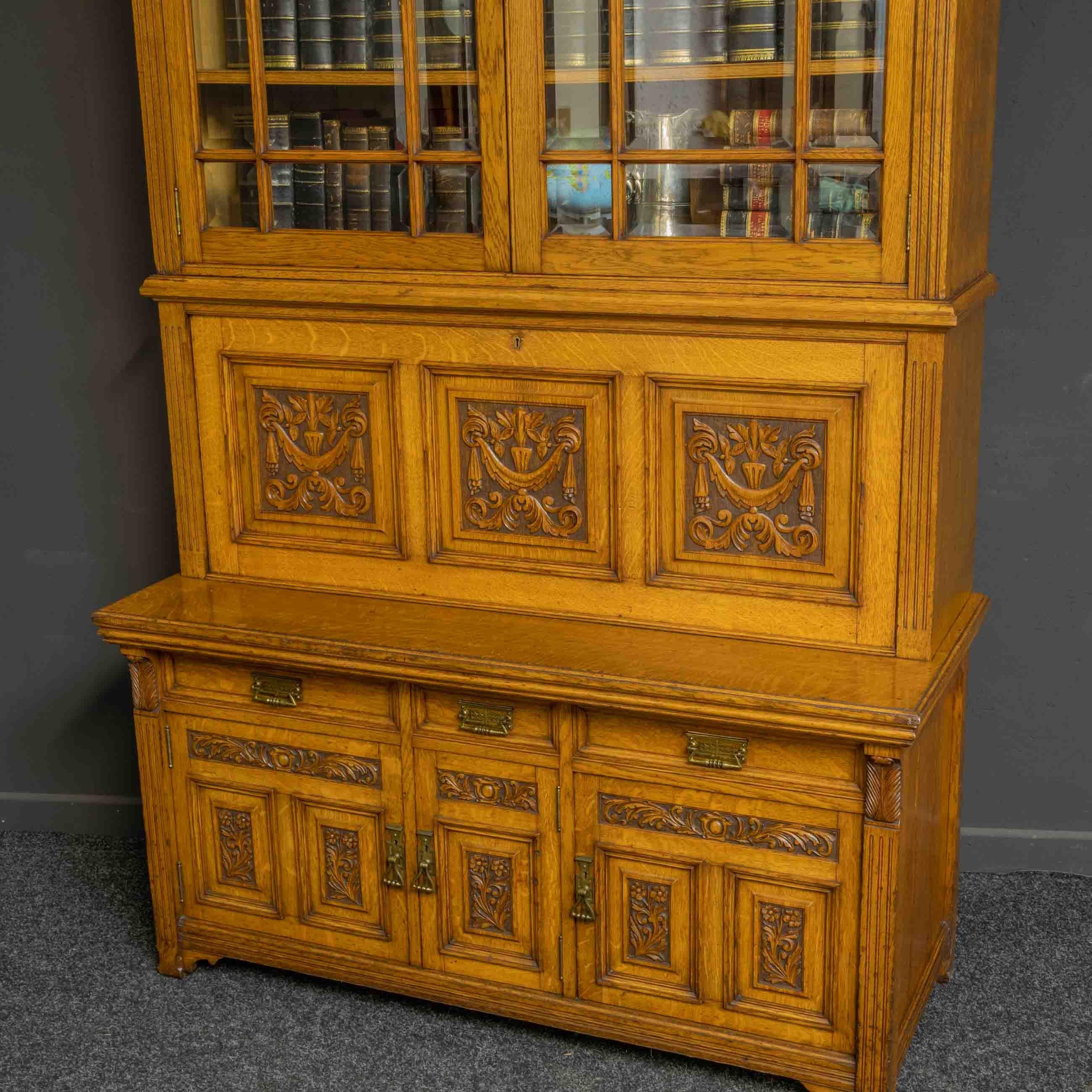 Edwardian Oak Secretaire Bookcase For Sale 1