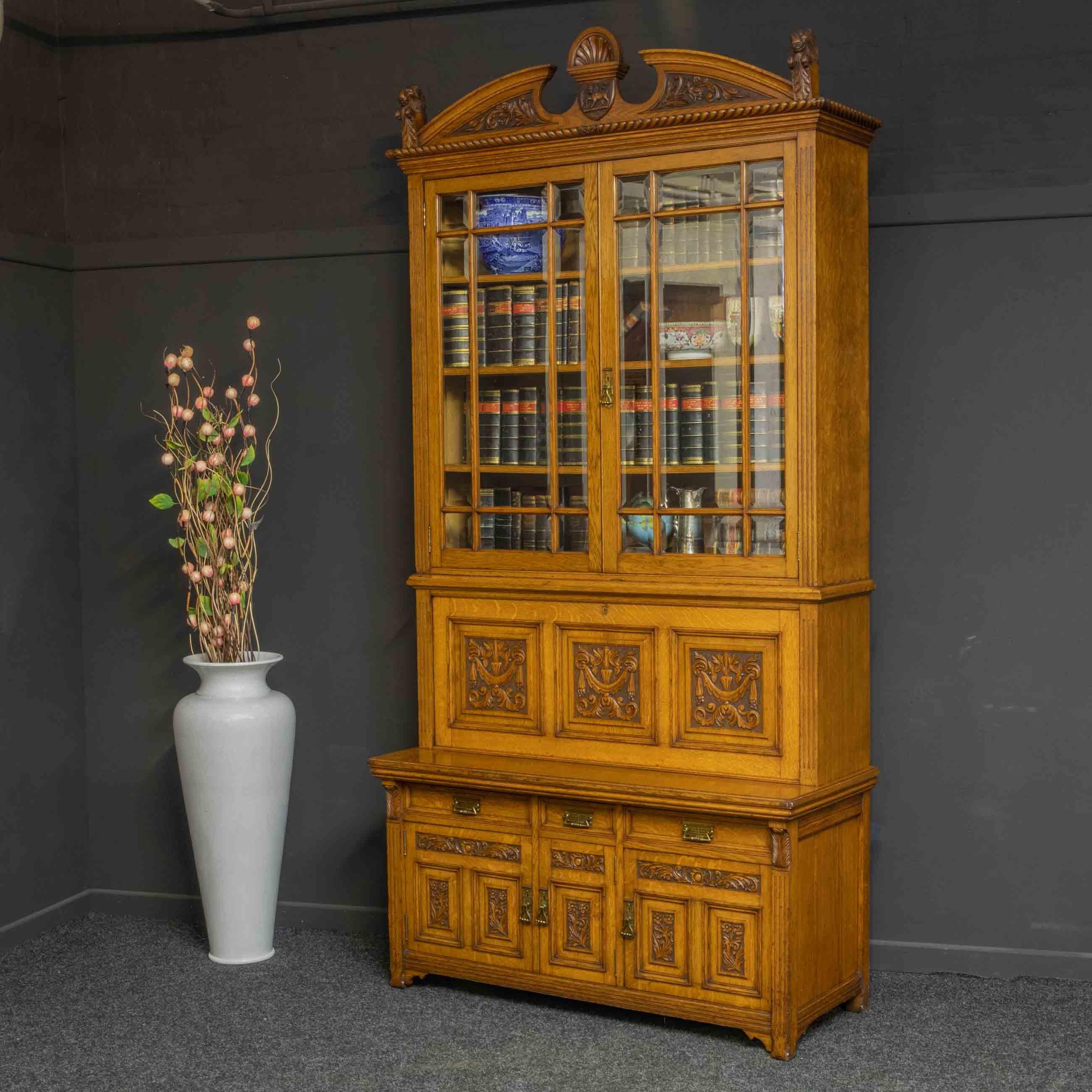 Edwardian Oak Secretaire Bookcase For Sale 2