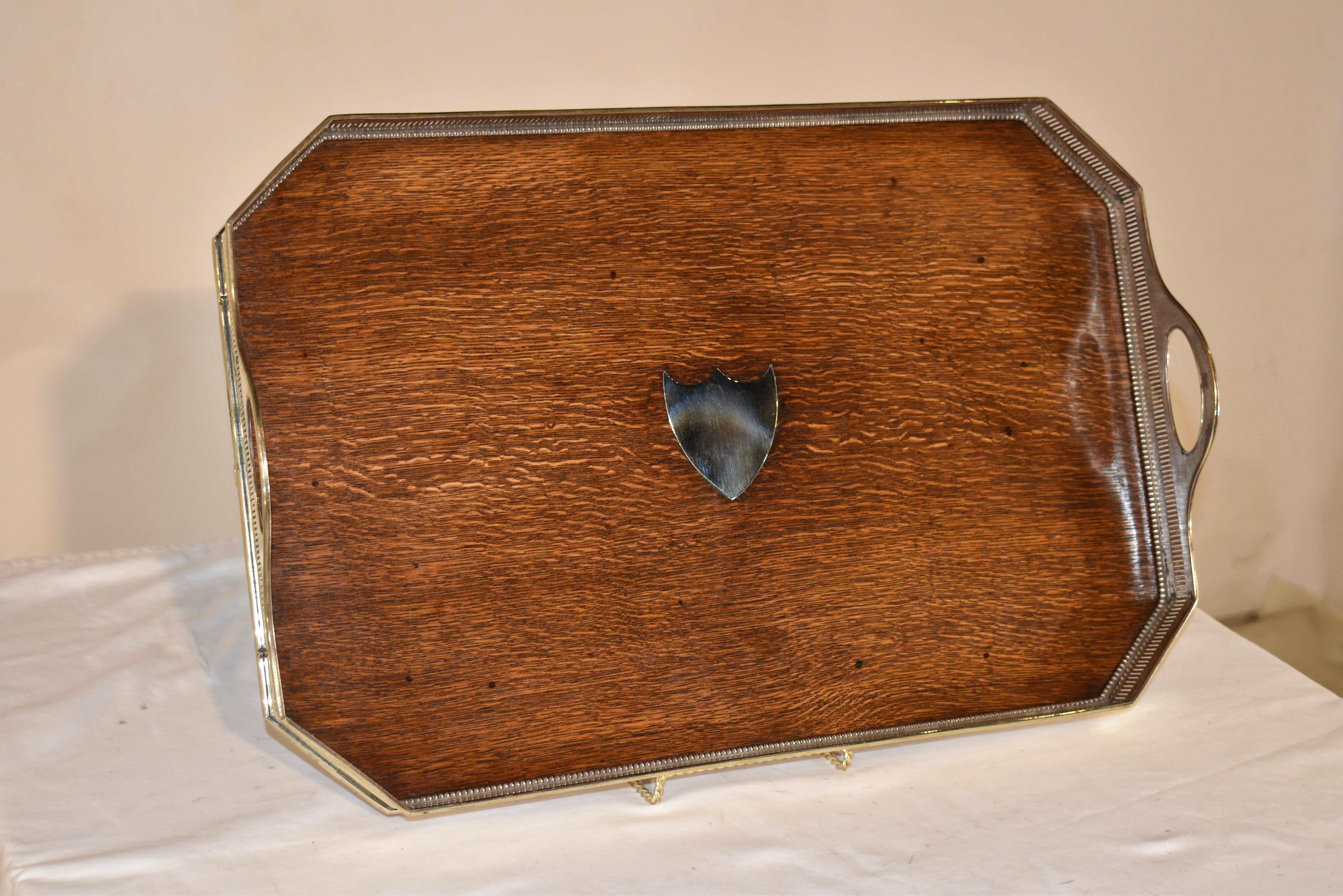 English Edwardian Oak Tray with Silver-Plated Gallery, Circa 1900 For Sale