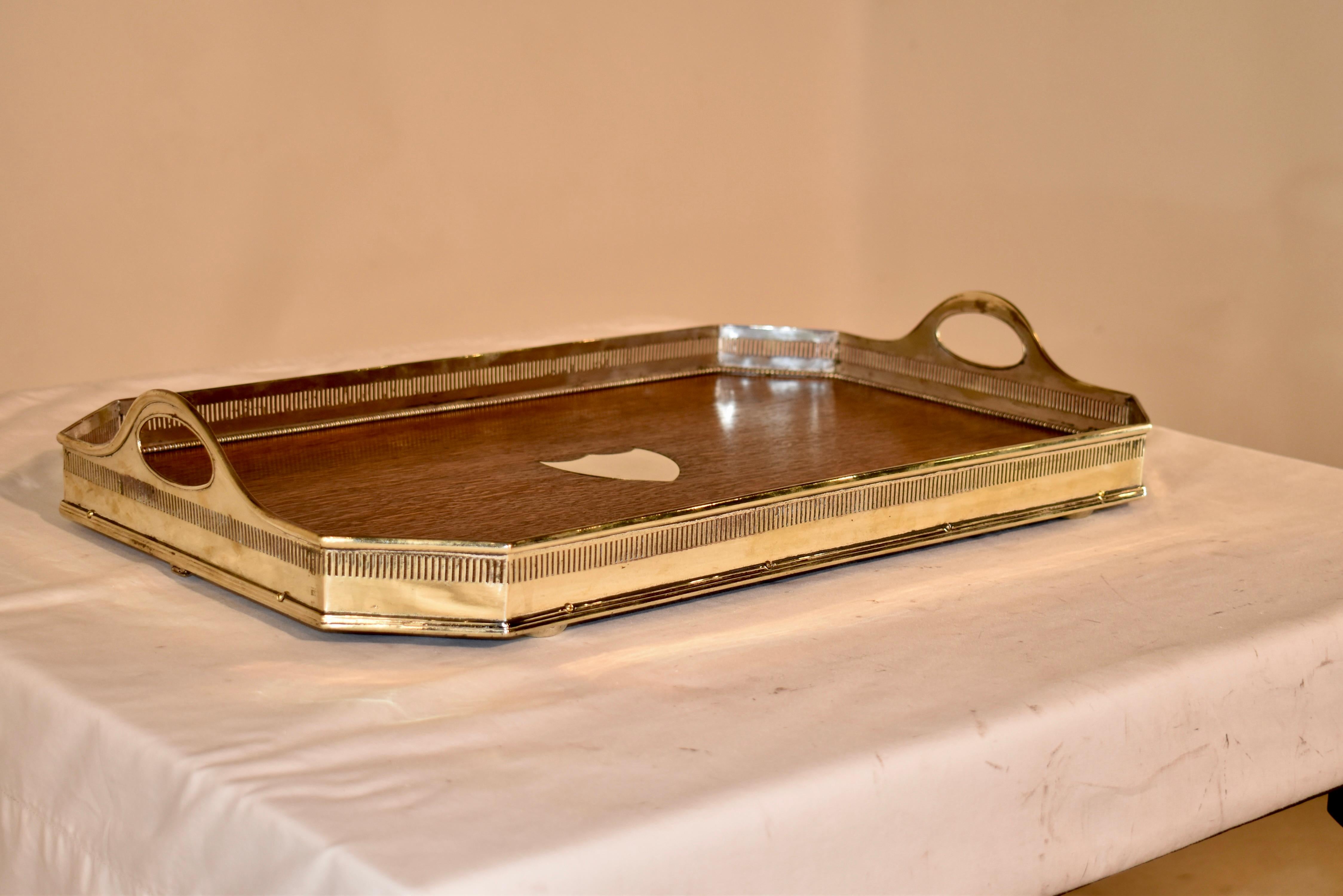 Silver Plate Edwardian Oak Tray with Silver-Plated Gallery, Circa 1900 For Sale