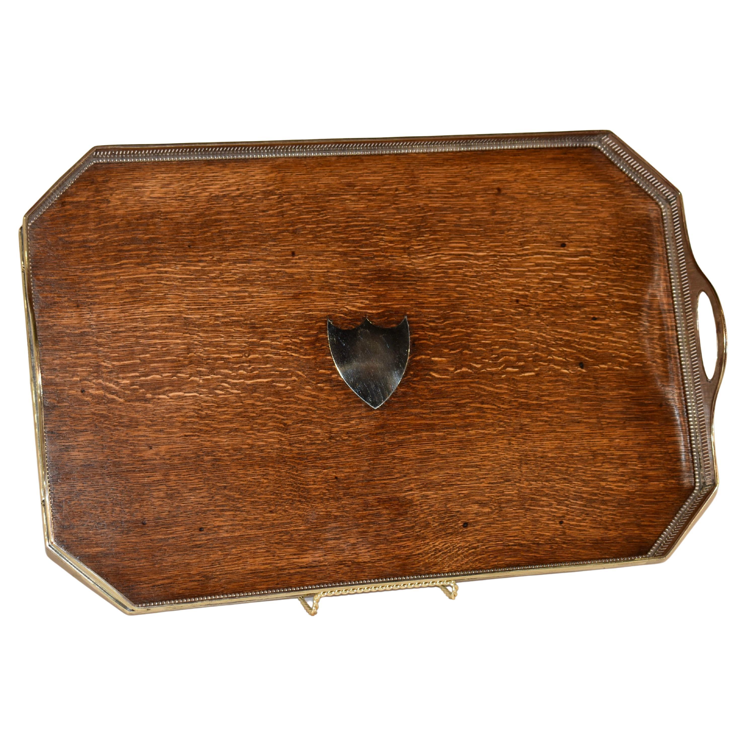 Edwardian Oak Tray with Silver-Plated Gallery, Circa 1900 For Sale