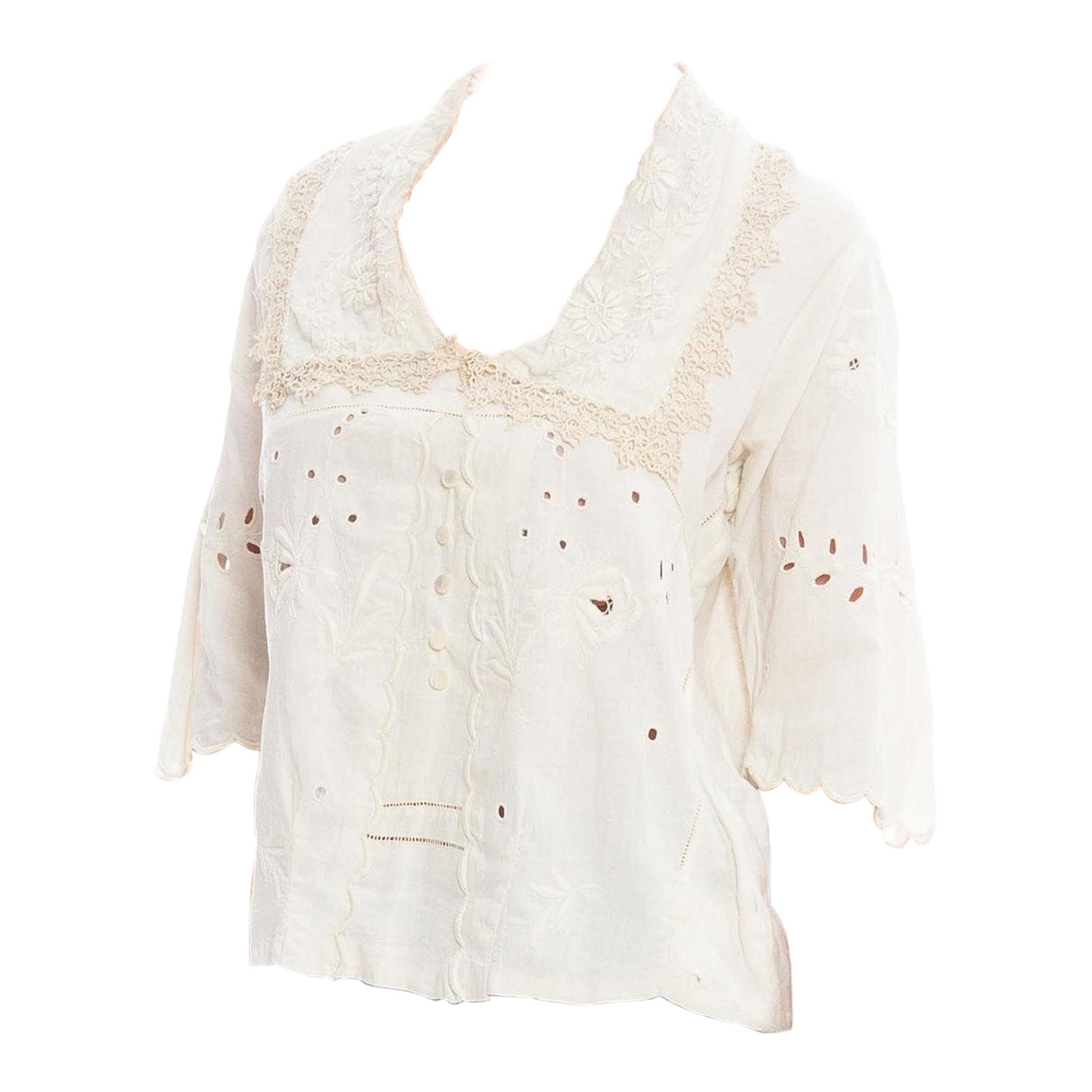 Edwardian Off White Hand Woven Linen Embroidered Blouse With Mother-Of-Pearl Bu