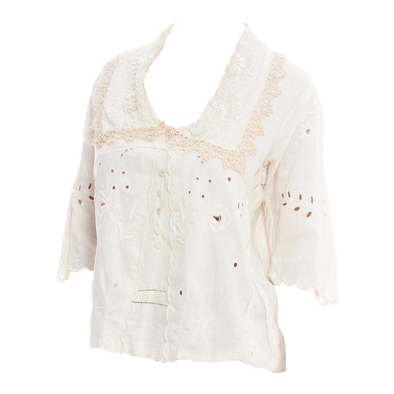 Edwardian Off White Hand Woven Linen Embroidered Blouse With Mother-Of ...