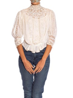 Edwardian Off White Haute Couture Organic Cotton Voile Blouse With Exceptional