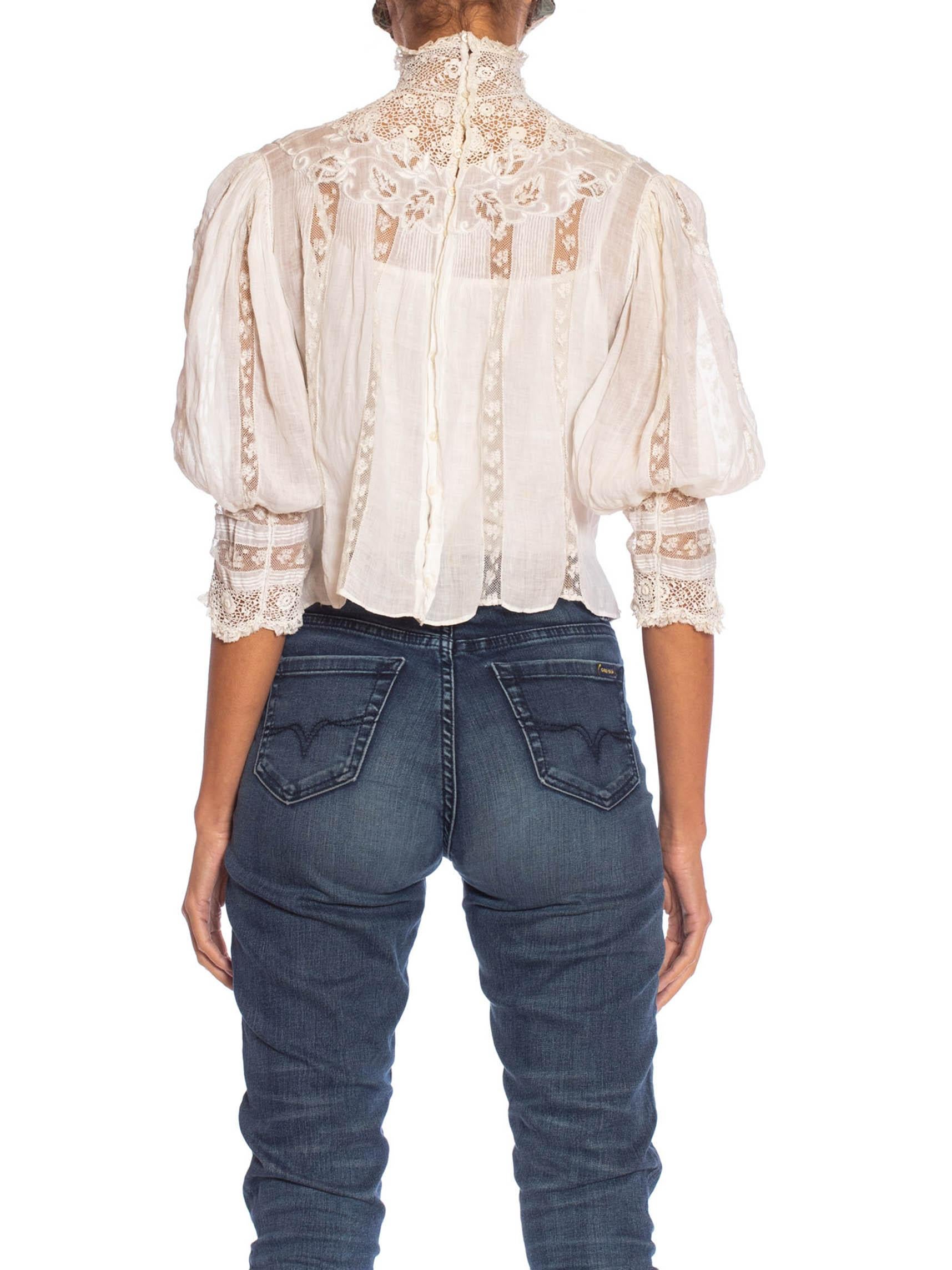 Edwardian Off White Haute Couture Organic Cotton Voile Blouse With Exceptional In Excellent Condition In New York, NY