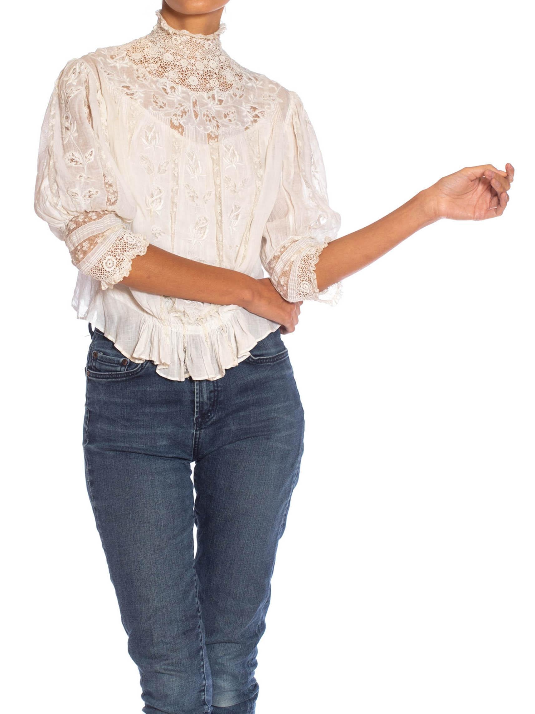 Edwardian Off White Haute Couture Organic Cotton Voile Blouse With Exceptional 1