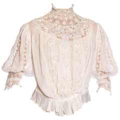 Chemisier édouardien en voile de coton biologique blanc cassé haute couture avec exceptionnel