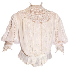 Antique Edwardian Off White Haute Couture Organic Cotton Voile Blouse With Exceptional 