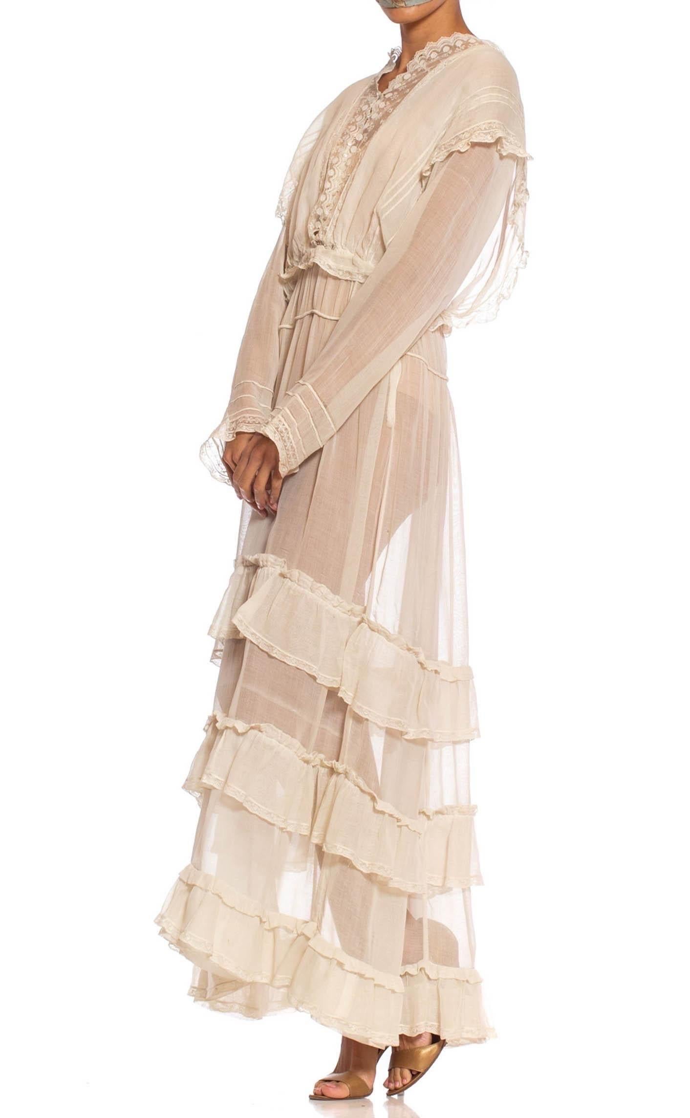 Edwardian Off White Organic Cotton Voile & Lace Long Sleeved Ruffled Tea Dress For Sale 6