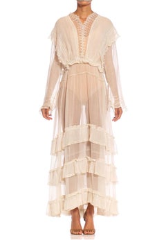 Edwardian Off White Organic Cotton Voile & Lace Long Sleeved Ruffled Tea Dress