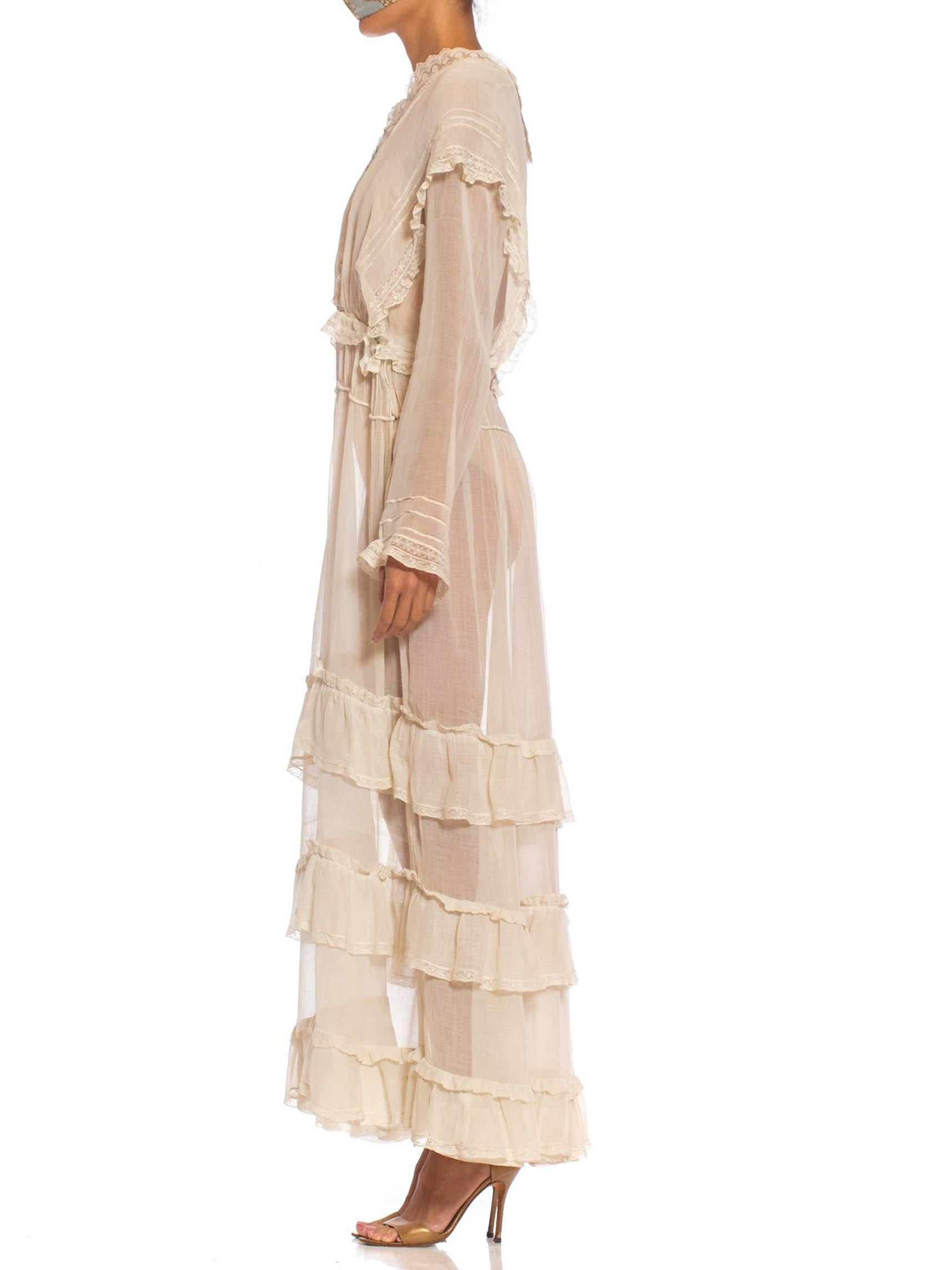 Edwardian Off White Organic Cotton Voile & Lace Long Sleeved Ruffled Tea Dress In Excellent Condition In New York, NY