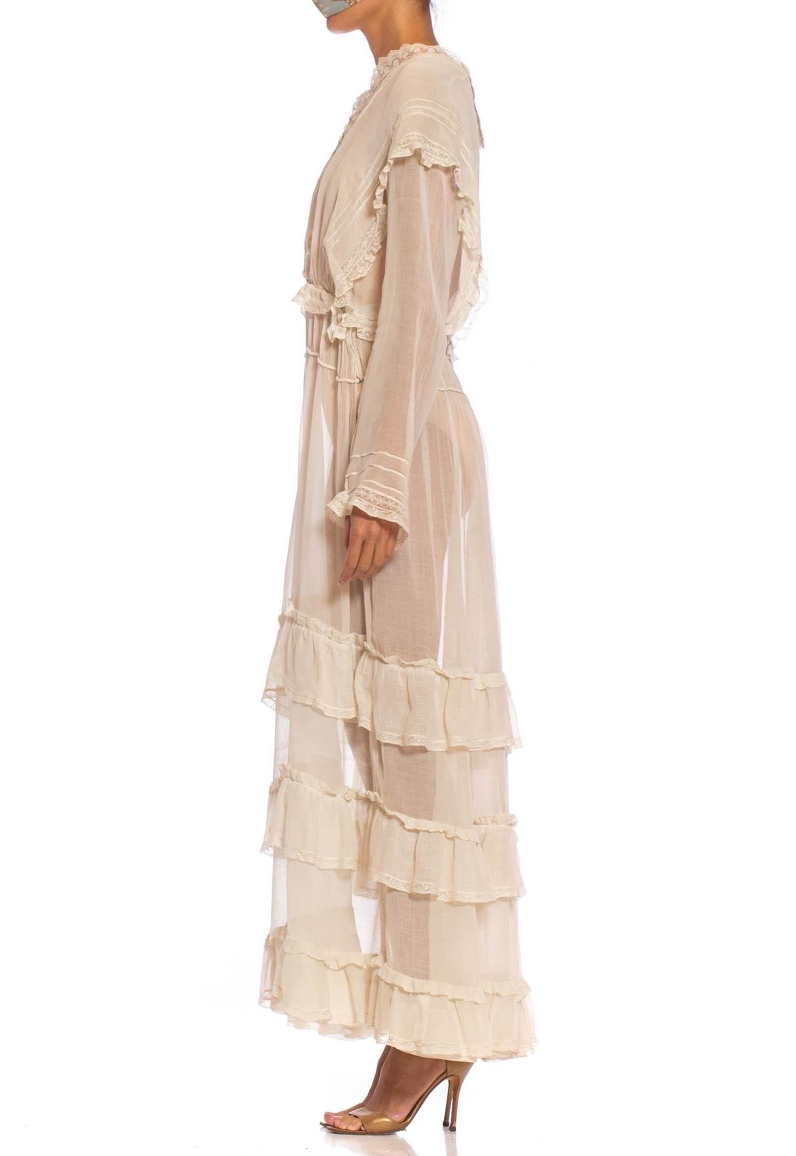 Edwardian Off White Organic Cotton Voile & Lace Long Sleeved Ruffled Tea Dress In Excellent Condition For Sale In New York, NY
