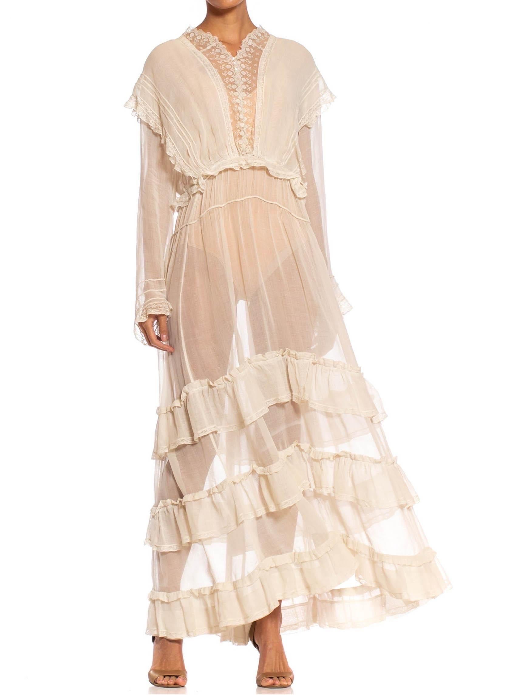 Women's Edwardian Off White Organic Cotton Voile & Lace Long Sleeved Ruffled Tea Dress For Sale
