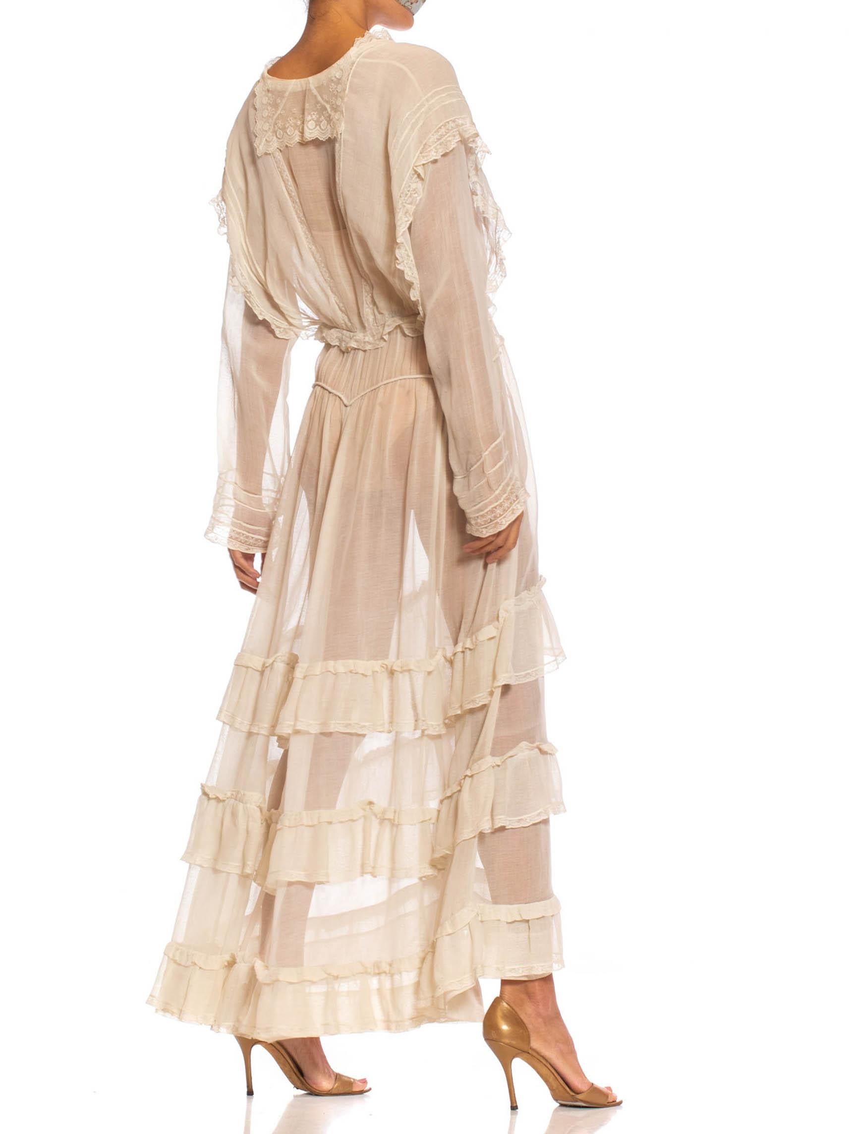 Edwardian Off White Organic Cotton Voile & Lace Long Sleeved Ruffled Tea Dress 1