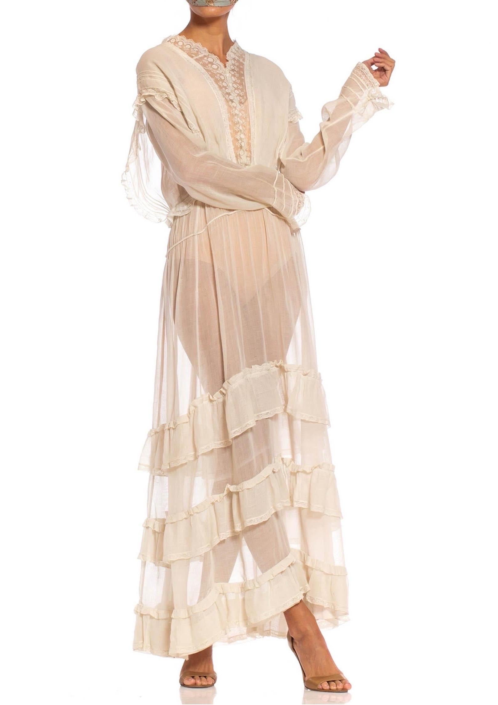 Edwardian Off White Organic Cotton Voile & Lace Long Sleeved Ruffled Tea Dress For Sale 1