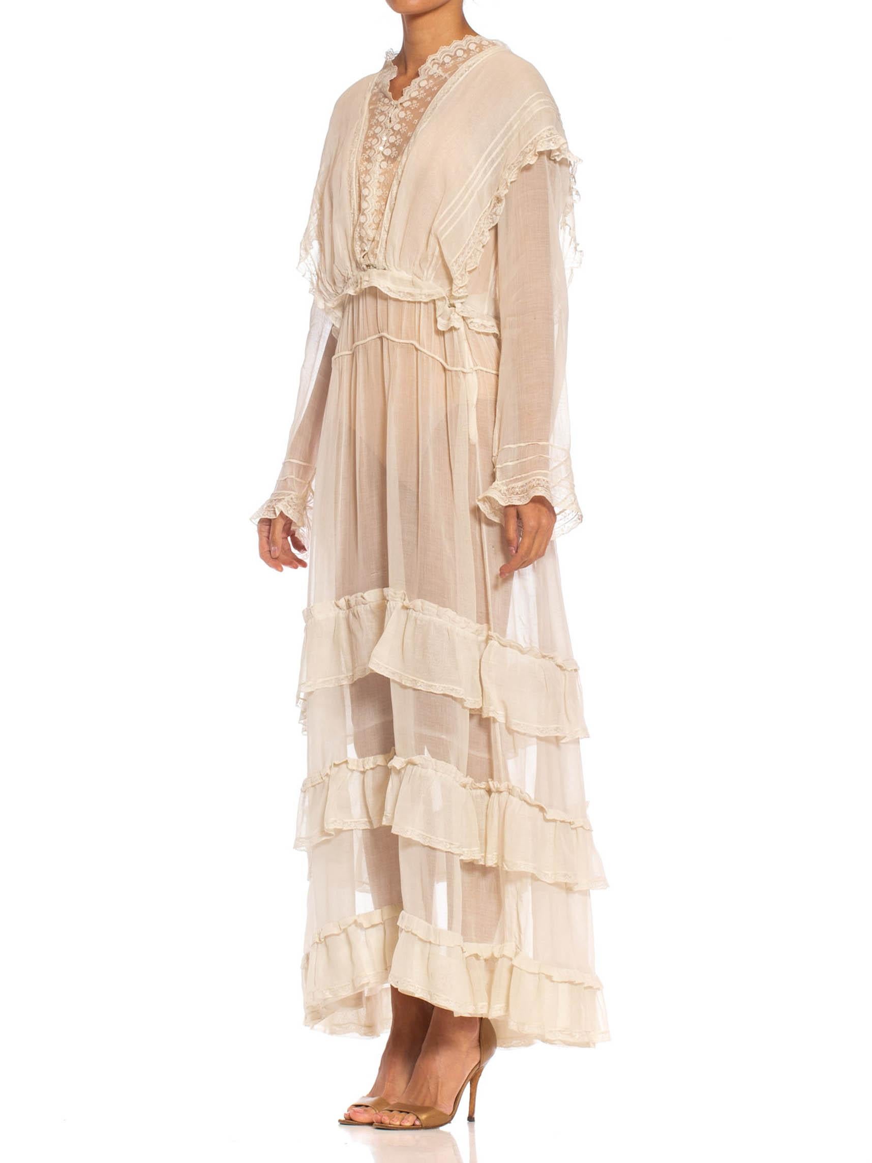 Edwardian Off White Organic Cotton Voile & Lace Long Sleeved Ruffled Tea Dress 2