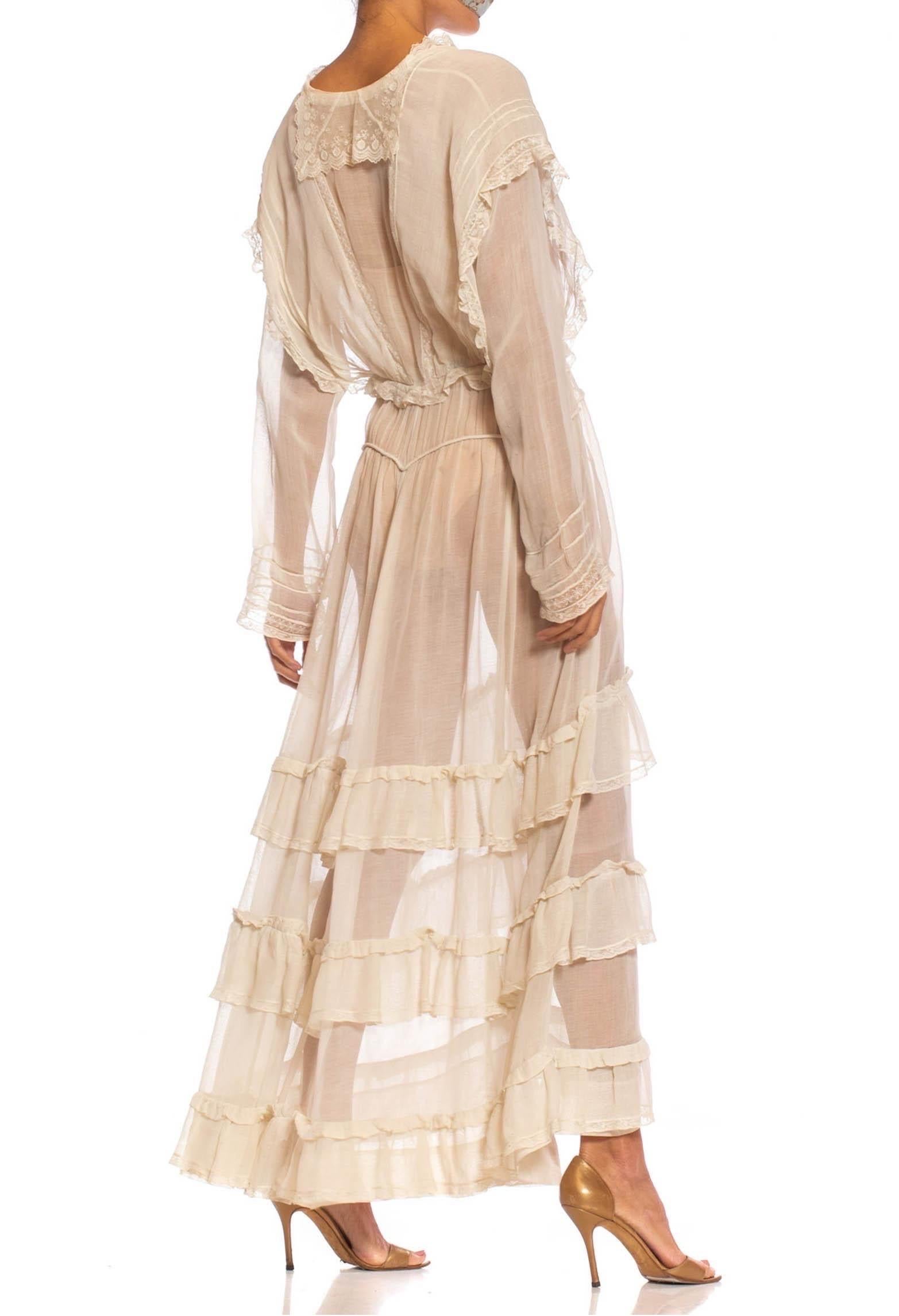 Edwardian Off White Organic Cotton Voile & Lace Long Sleeved Ruffled Tea Dress For Sale 2