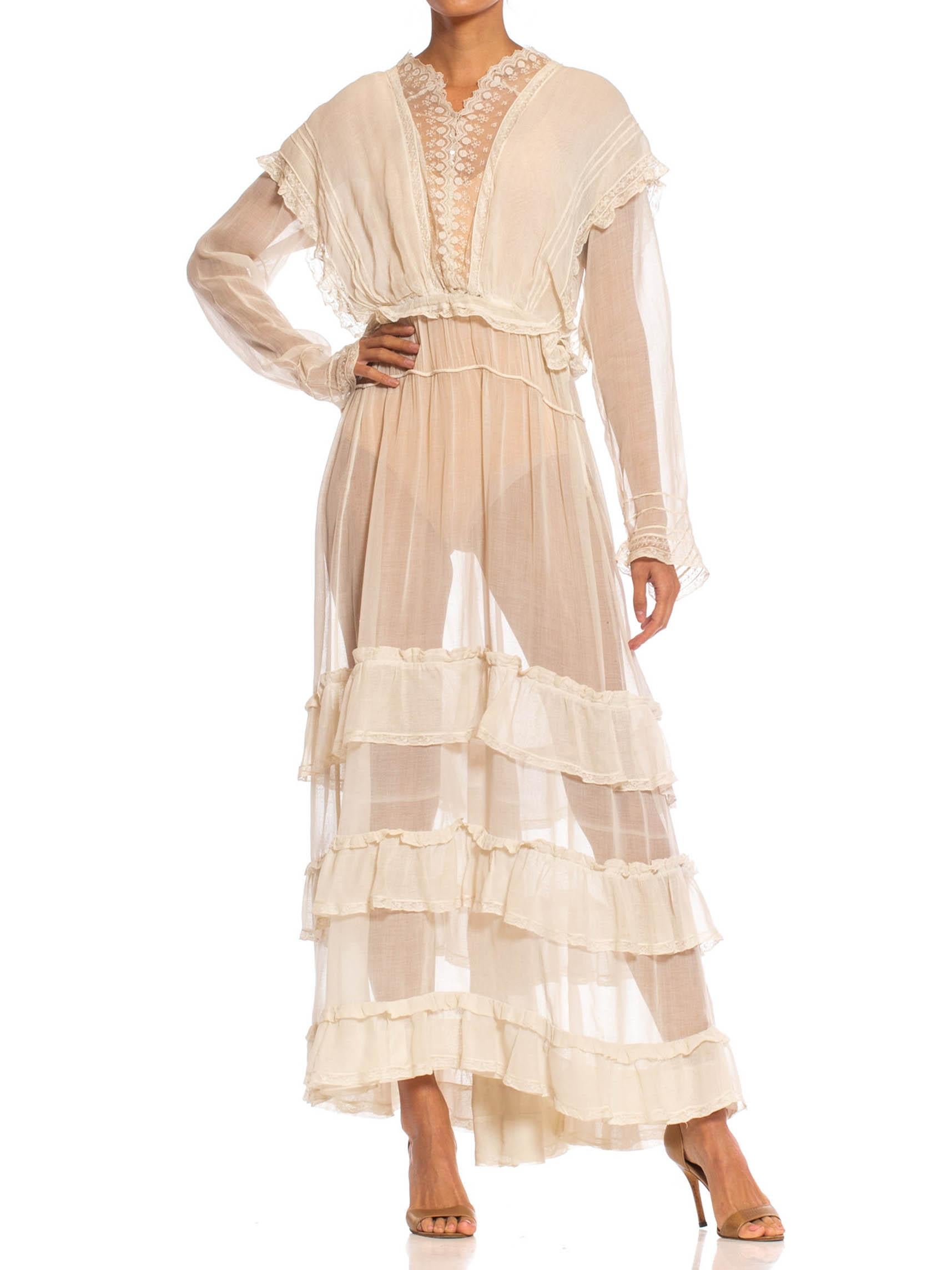 Edwardian Off White Organic Cotton Voile & Lace Long Sleeved Ruffled Tea Dress 3