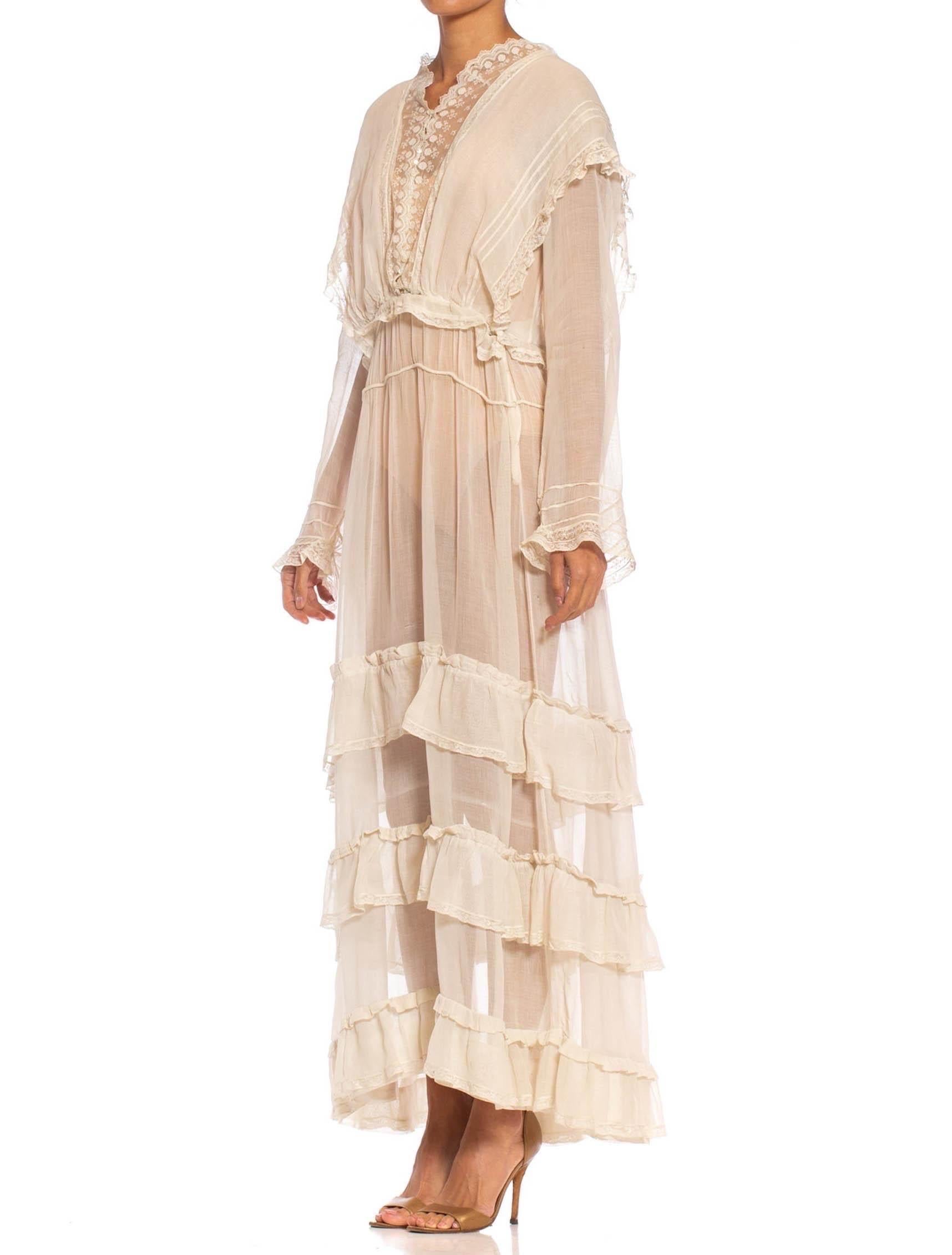 Edwardian Off White Organic Cotton Voile & Lace Long Sleeved Ruffled Tea Dress For Sale 3