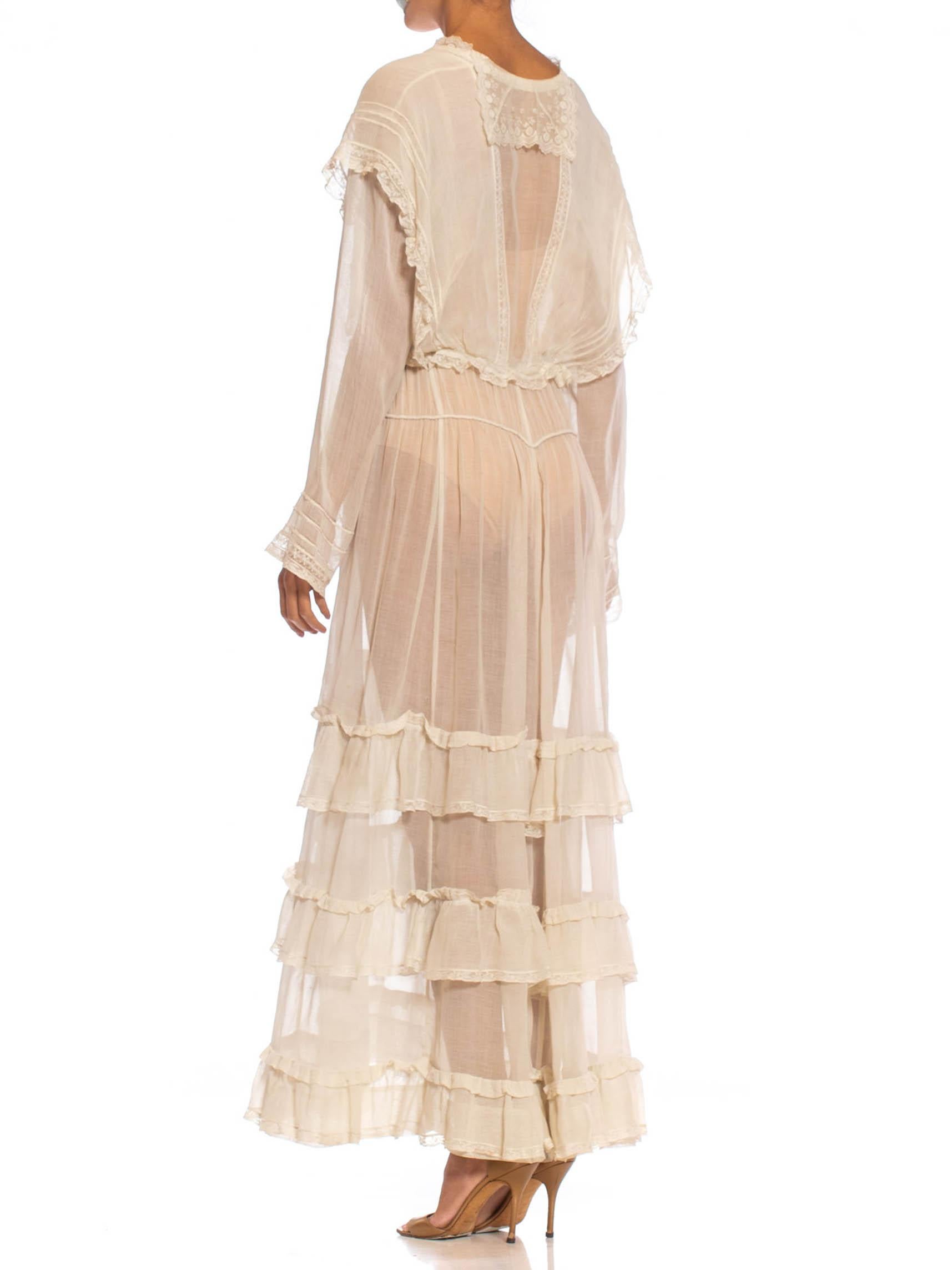 Edwardian Off White Organic Cotton Voile & Lace Long Sleeved Ruffled Tea Dress 5