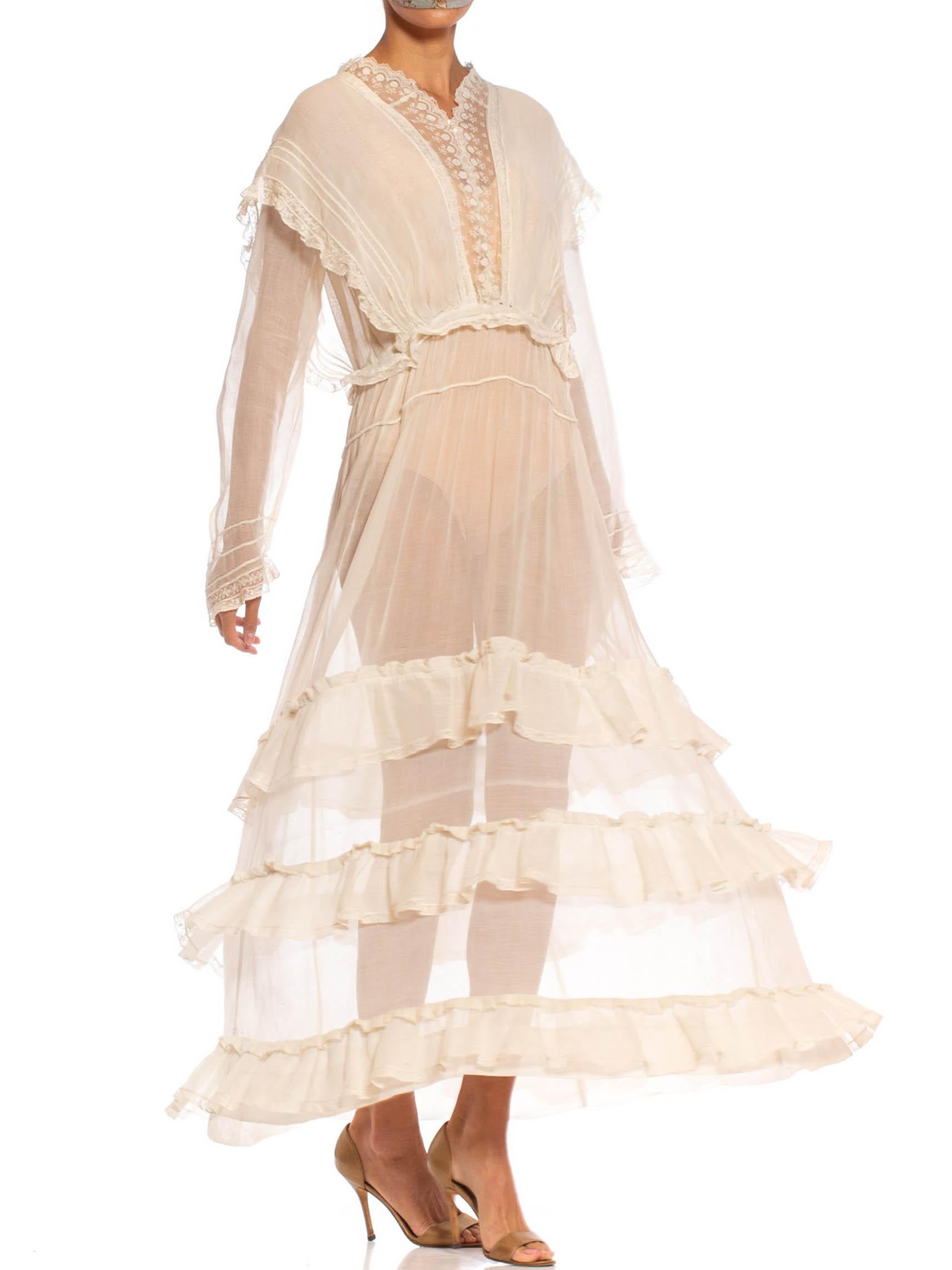 Edwardian Off White Organic Cotton Voile & Lace Long Sleeved Ruffled Tea Dress For Sale 4