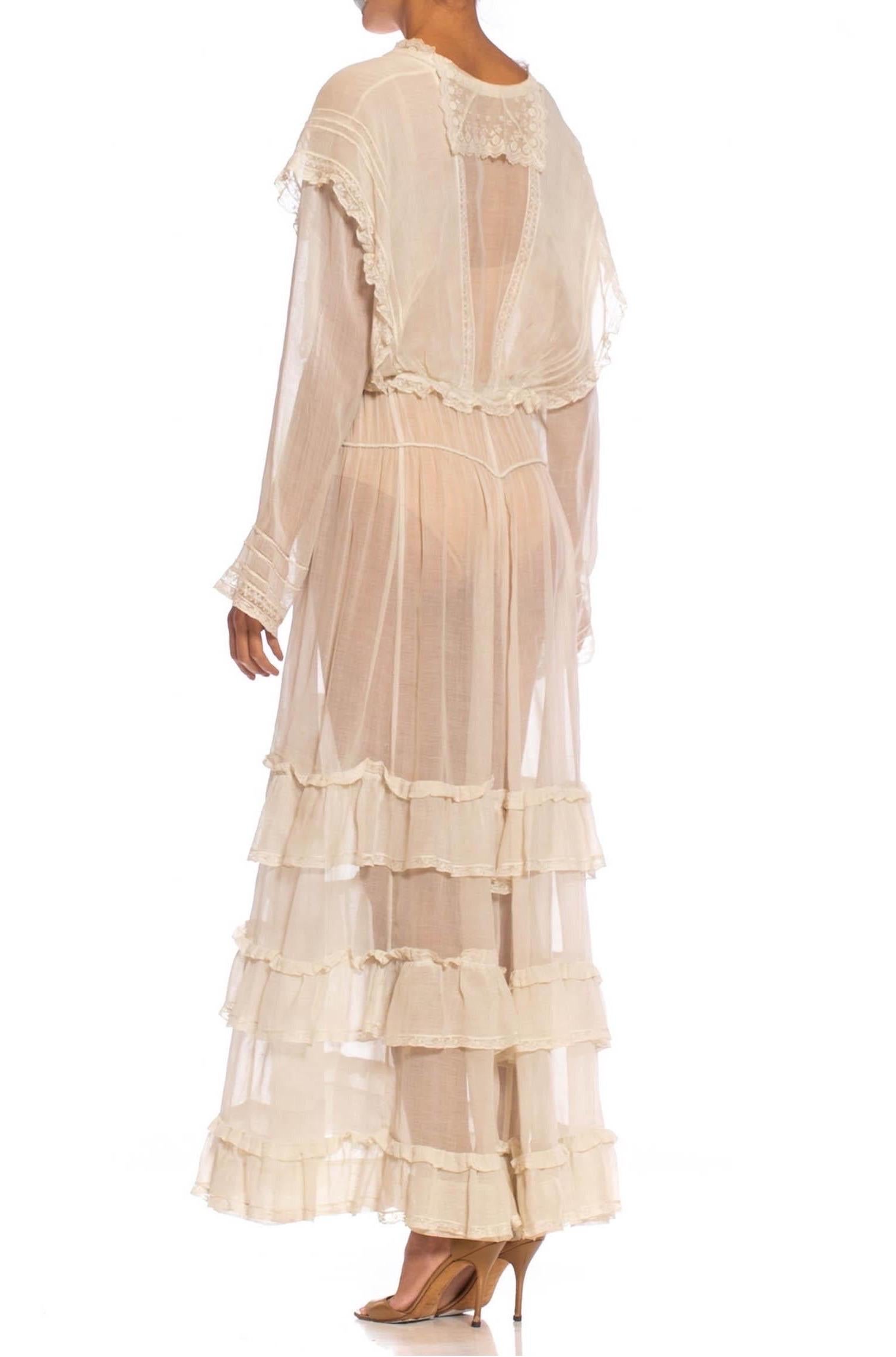 Edwardian Off White Organic Cotton Voile & Lace Long Sleeved Ruffled Tea Dress For Sale 5