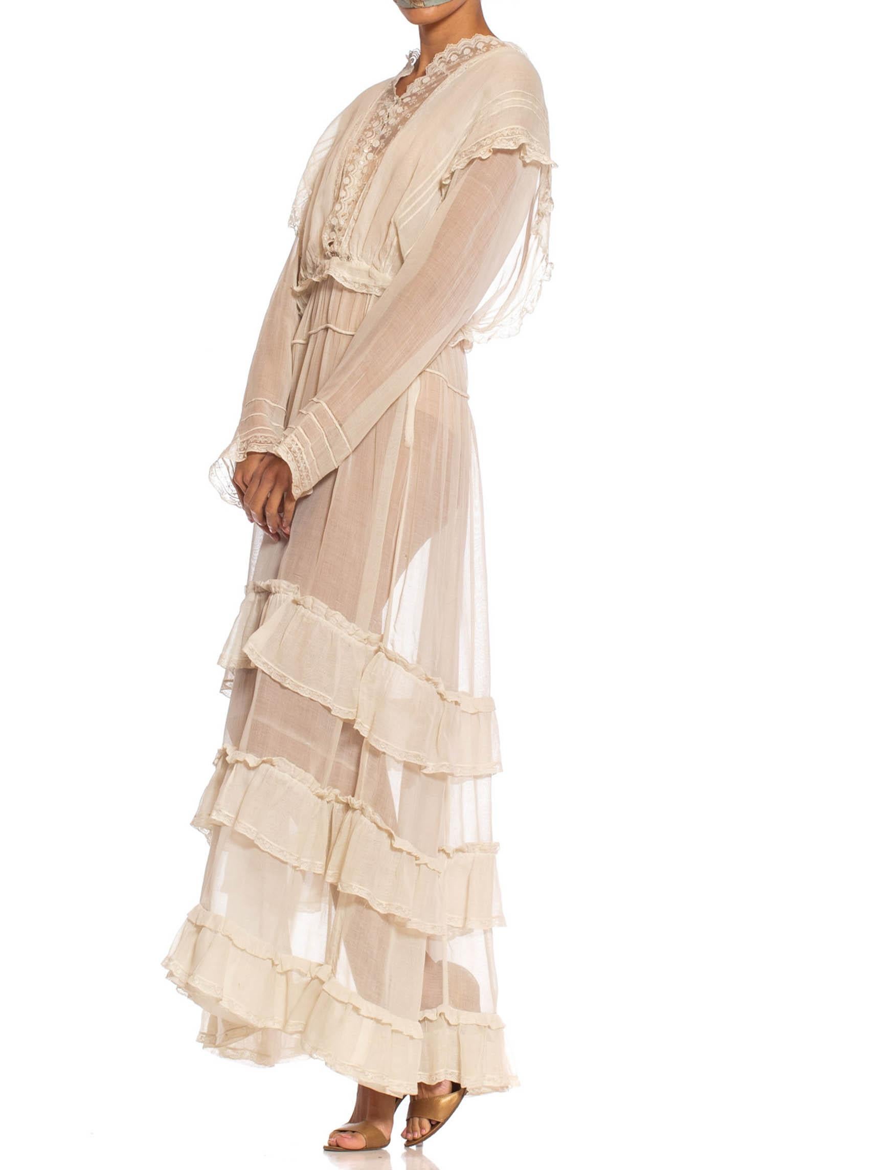 Edwardian Off White Organic Cotton Voile & Lace Long Sleeved Ruffled Tea Dress 6