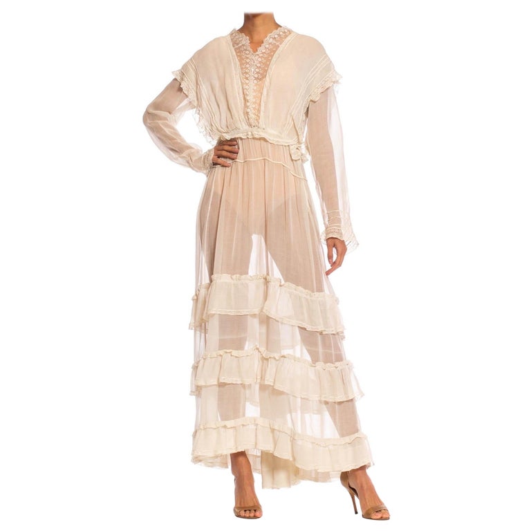 Edwardian Off White Organic Cotton Voile & Lace Long Sleeved Ruffled Tea Dress