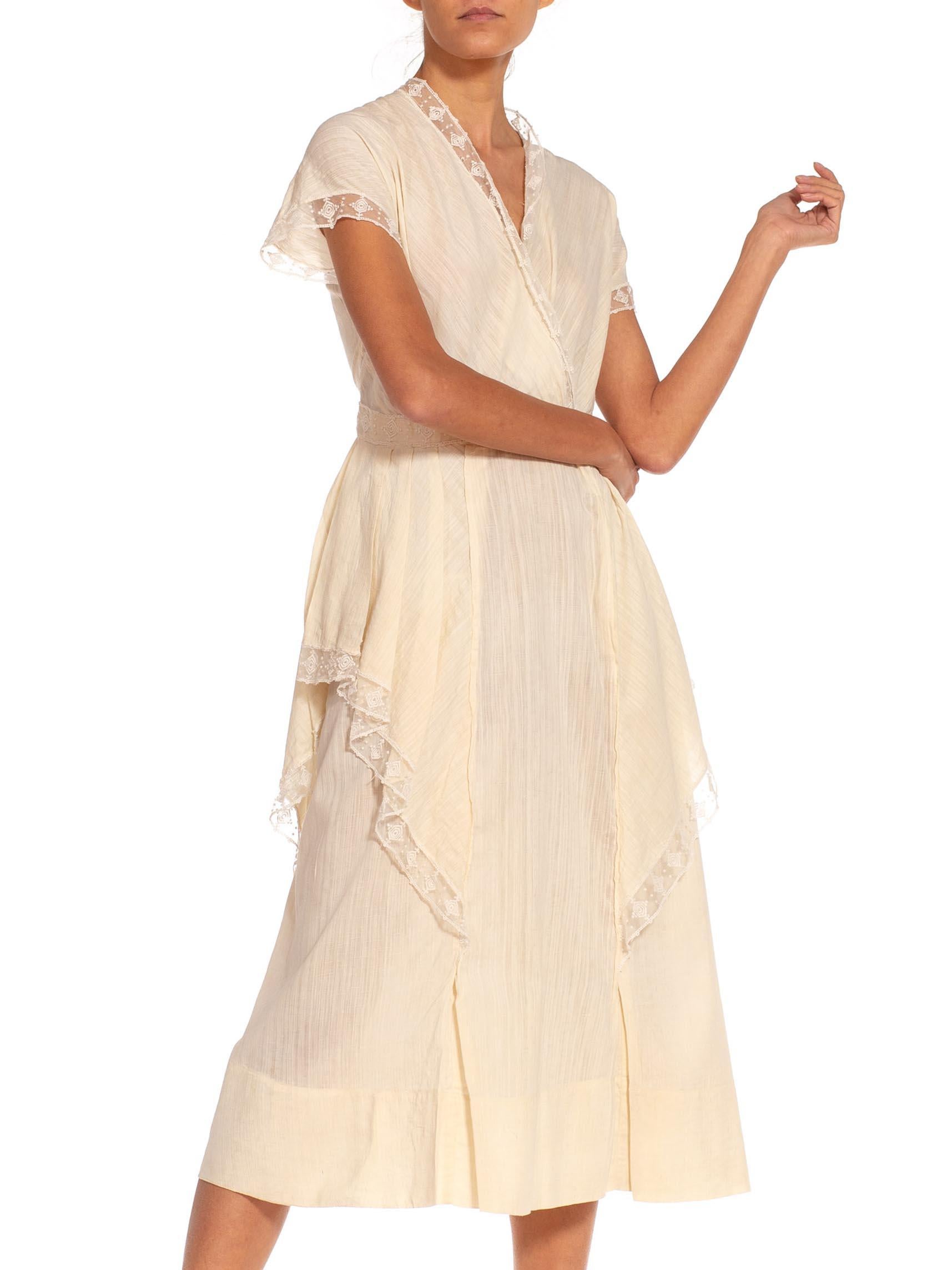 Women's Edwardian Off White Silk Cotton & Lace Trim Day Dress