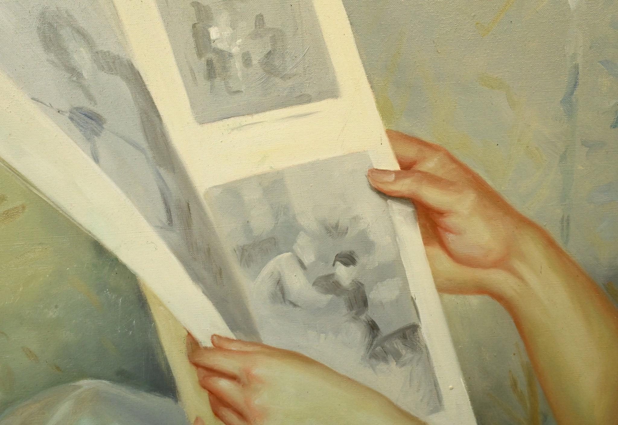 Pittura ad olio edoardiana che legge il ritratto di una signora Arte inglese In condizioni buone in vendita a Potters Bar, GB