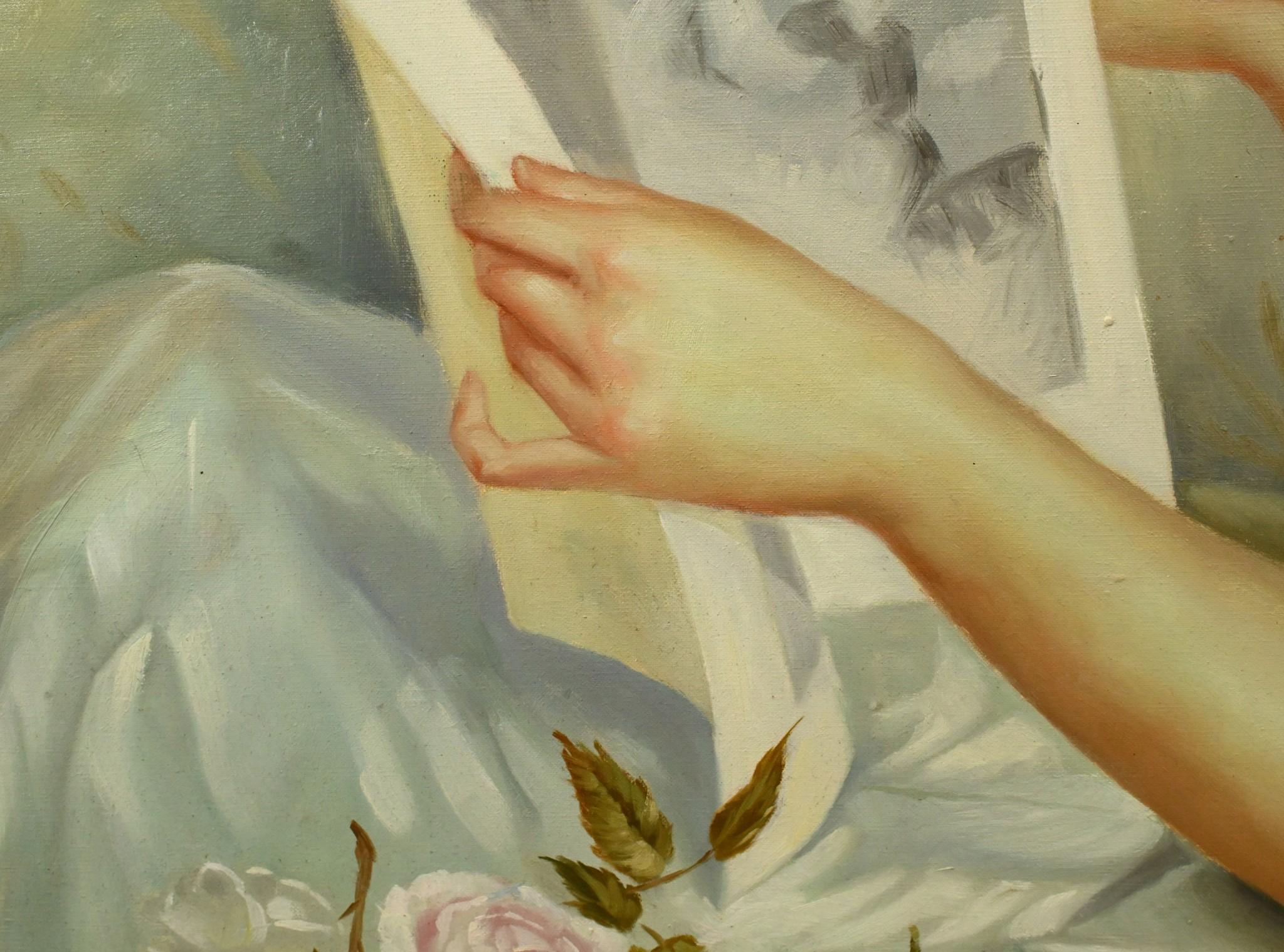 Fine XX secolo Pittura ad olio edoardiana che legge il ritratto di una signora Arte inglese in vendita