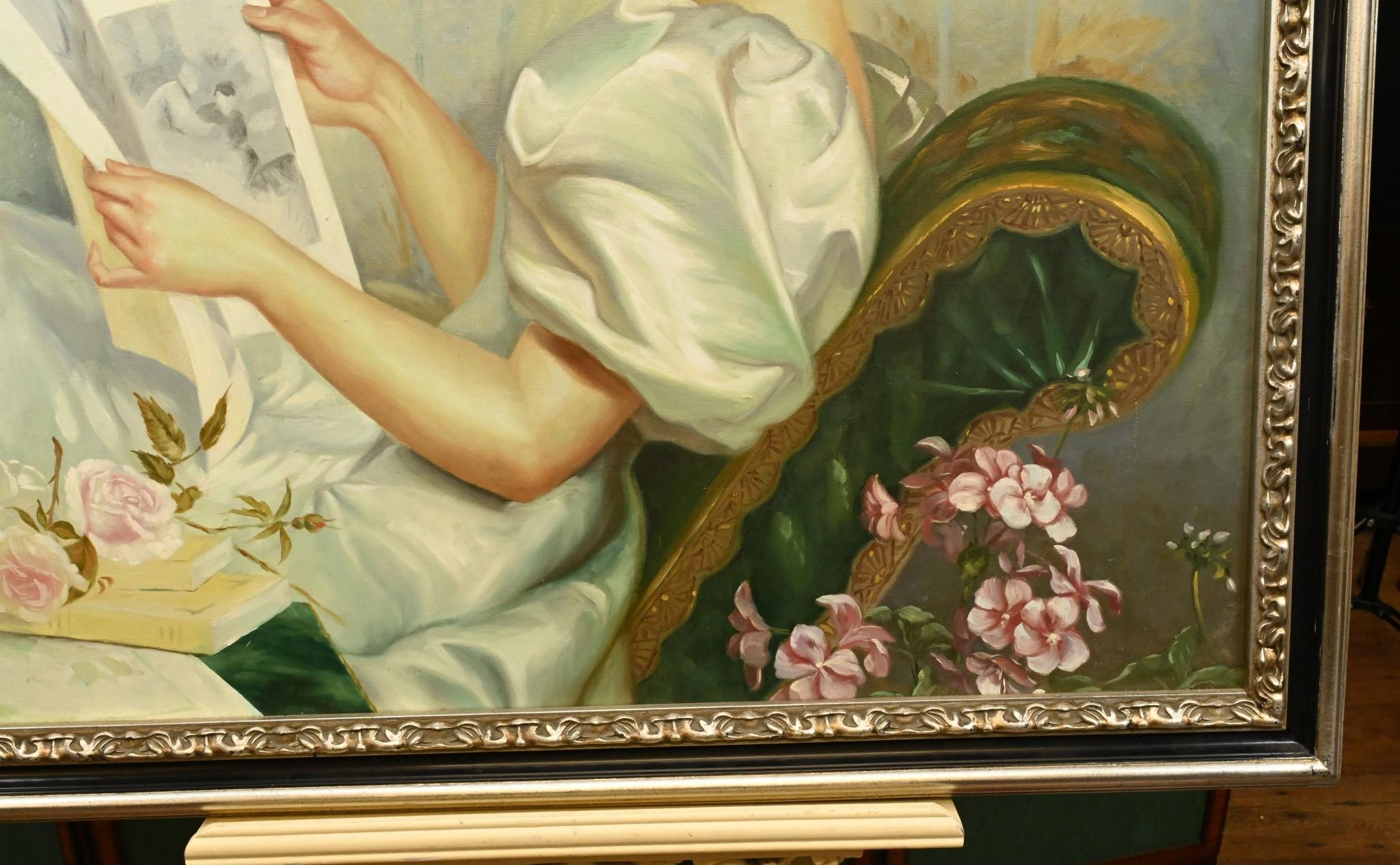 Pittura ad olio edoardiana che legge il ritratto di una signora Arte inglese in vendita 2