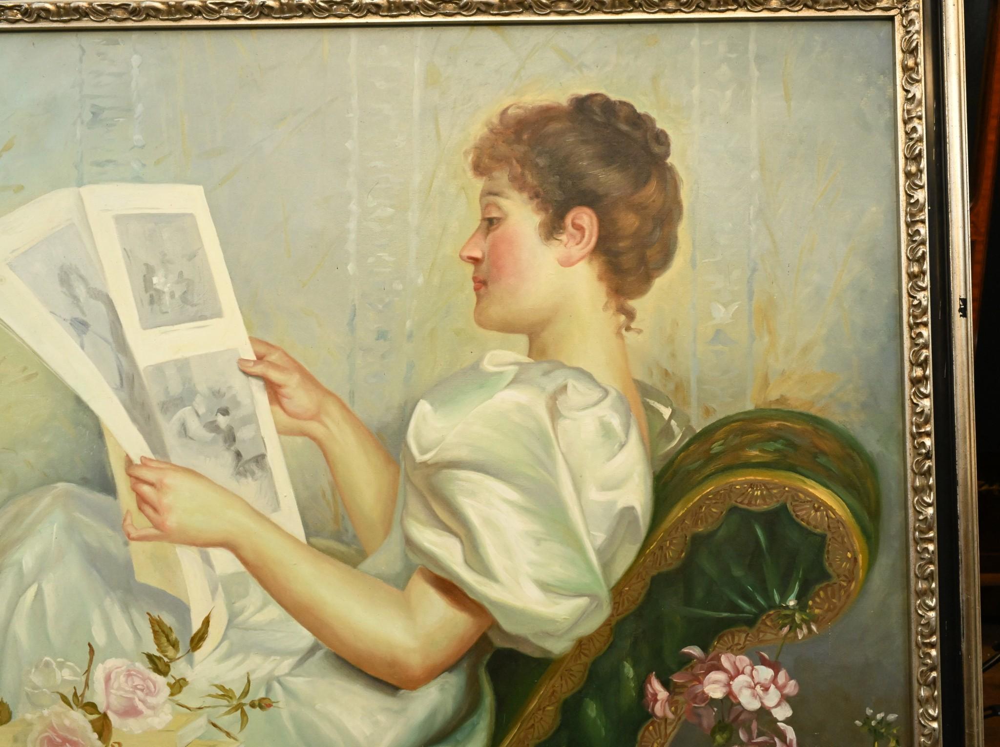Pittura ad olio edoardiana che legge il ritratto di una signora Arte inglese in vendita 3