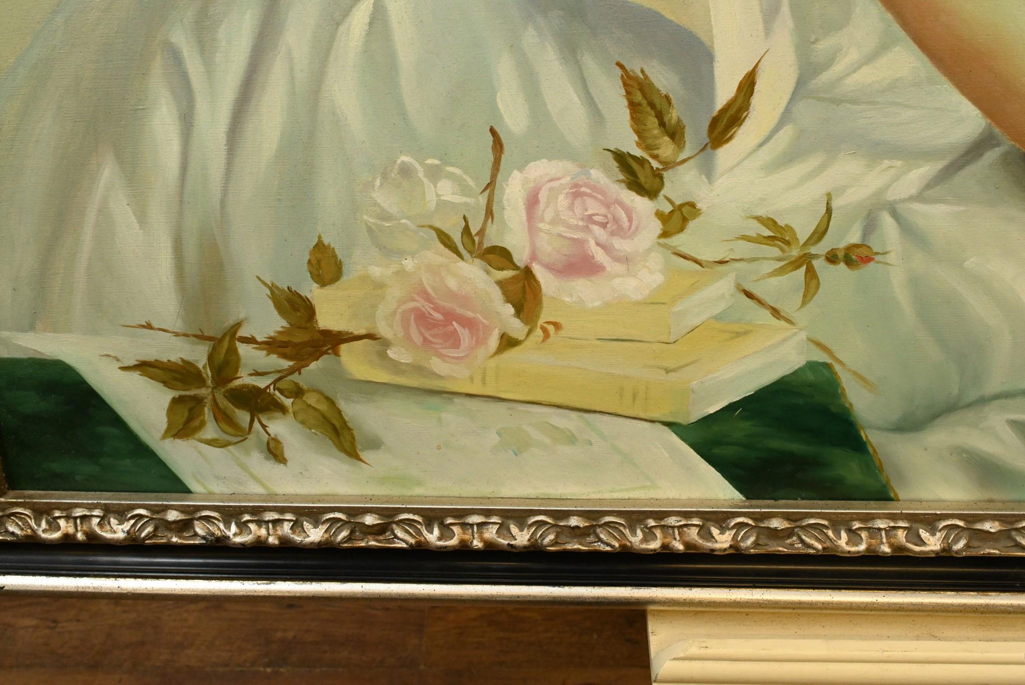 Pittura ad olio edoardiana che legge il ritratto di una signora Arte inglese in vendita 4
