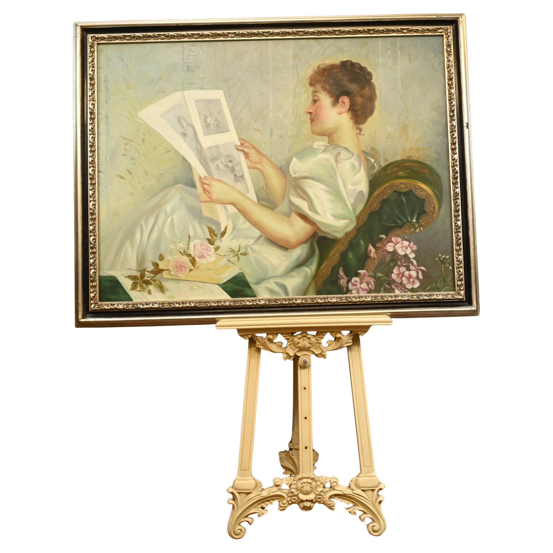Pintura al óleo eduardiana Lectura Retrato de dama Arte inglés