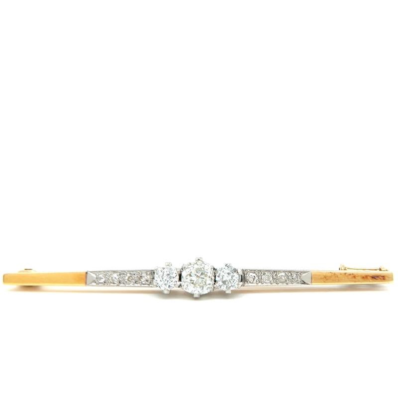 Edwardian Old Cut Diamond 18 Karat Yellow Gold Bar Brooch In Excellent Condition In Beverly Hills, CA