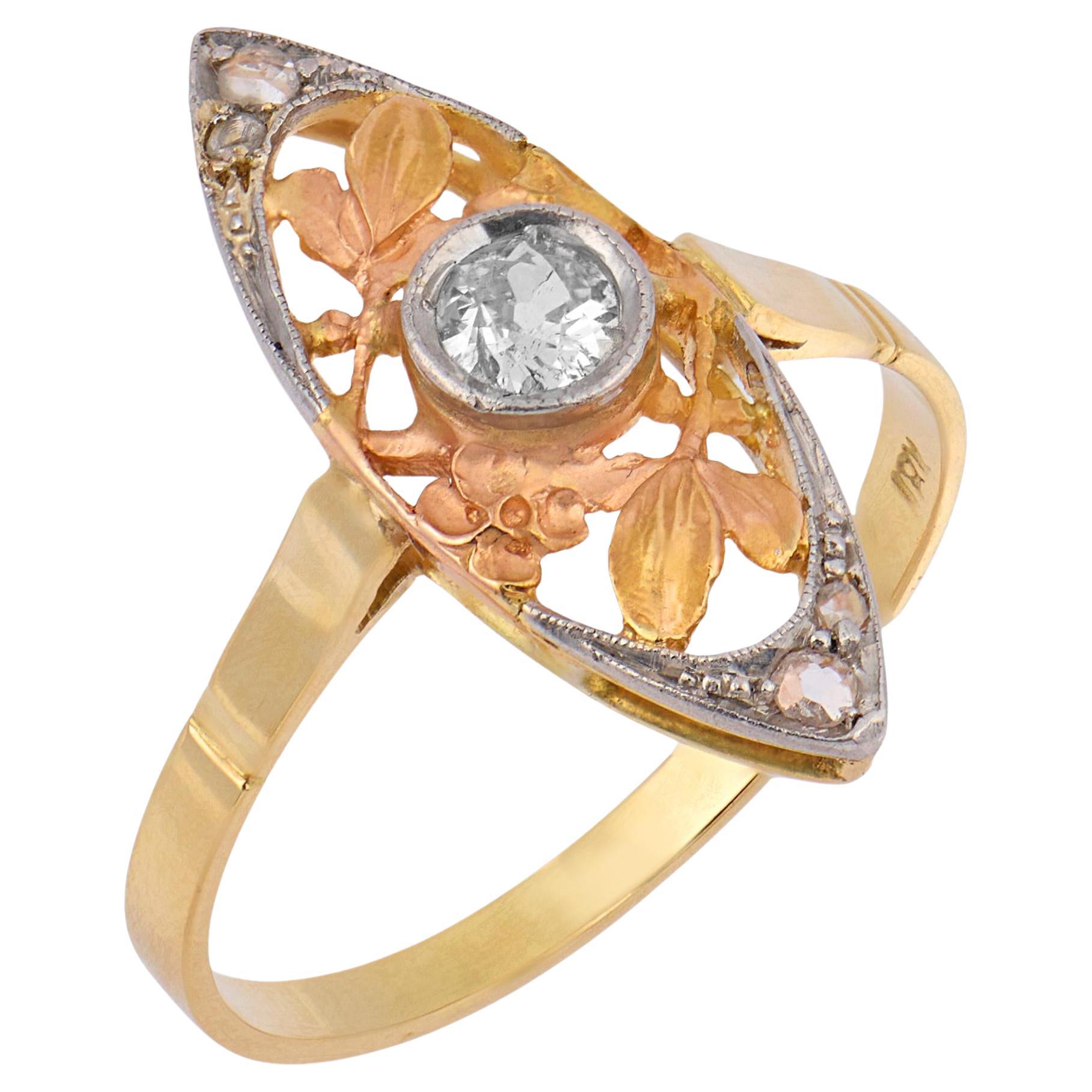 Anello Navette edoardiano con diamante taglio vecchio in oro giallo 18 carati