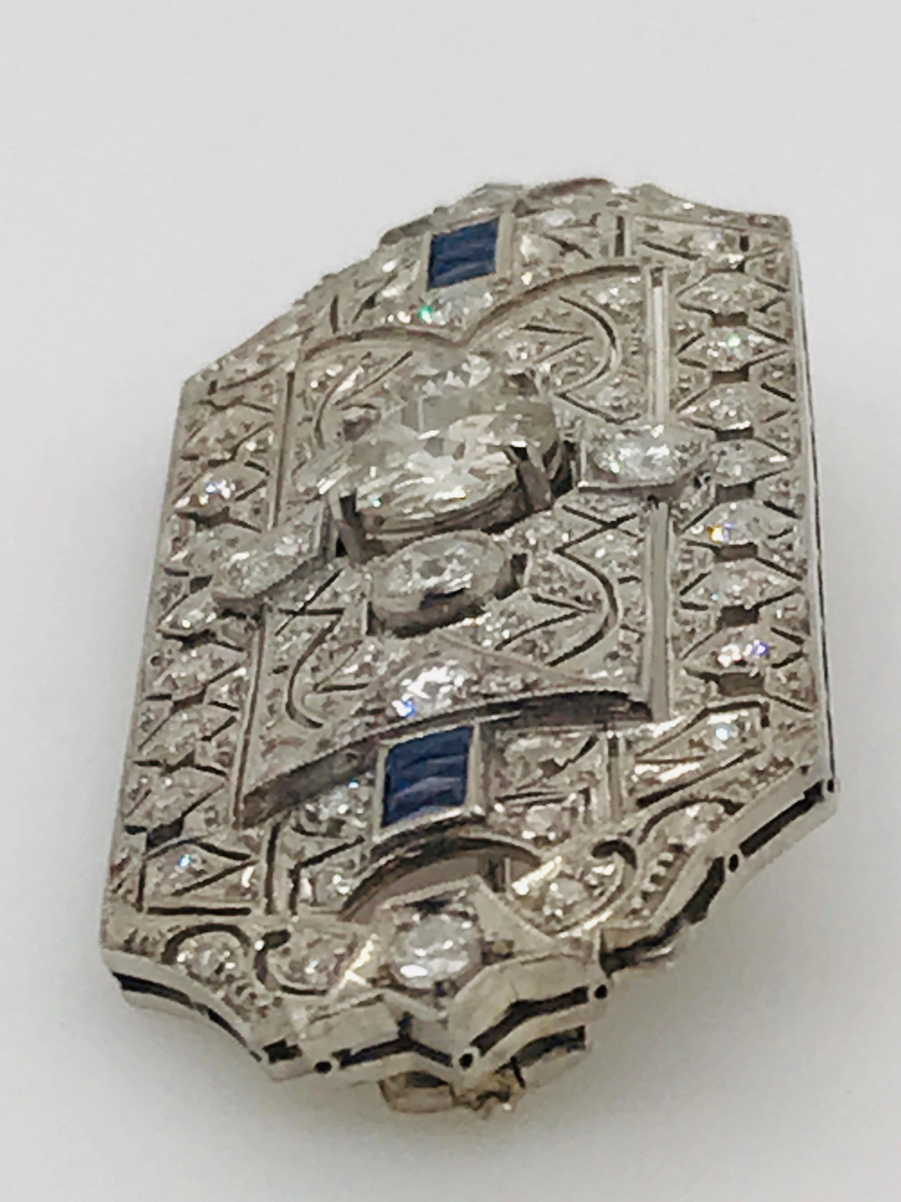 Women's or Men's Edwardian Old Cut Diamond and Sapphire Hand Pierced Brooch in Platinum