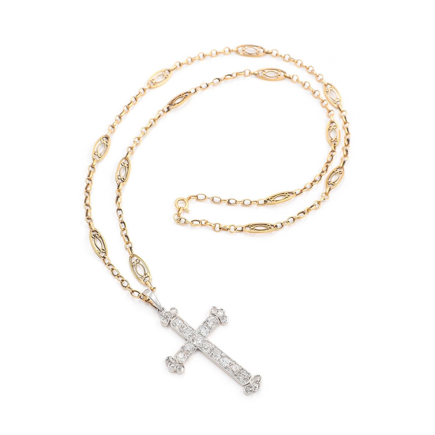 Edwardian Old Cut Diamond Cross Pendant & 18k Gold Chain Necklace. The Edwardian era cross pendant is composed of platinum & 18k yellow gold; it is set with 24 diamonds, a combination of Old Mine Cut and Rose Cut diamonds weighing approximately 2.18