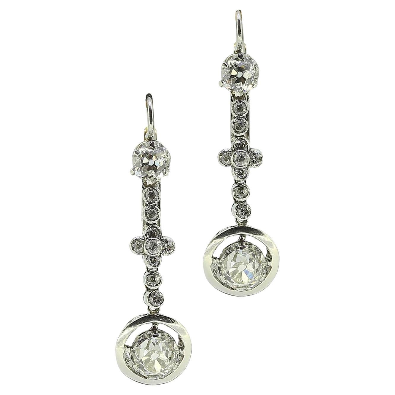 Boucles d'oreilles pendantes édouardiennes en diamant taille ancienne