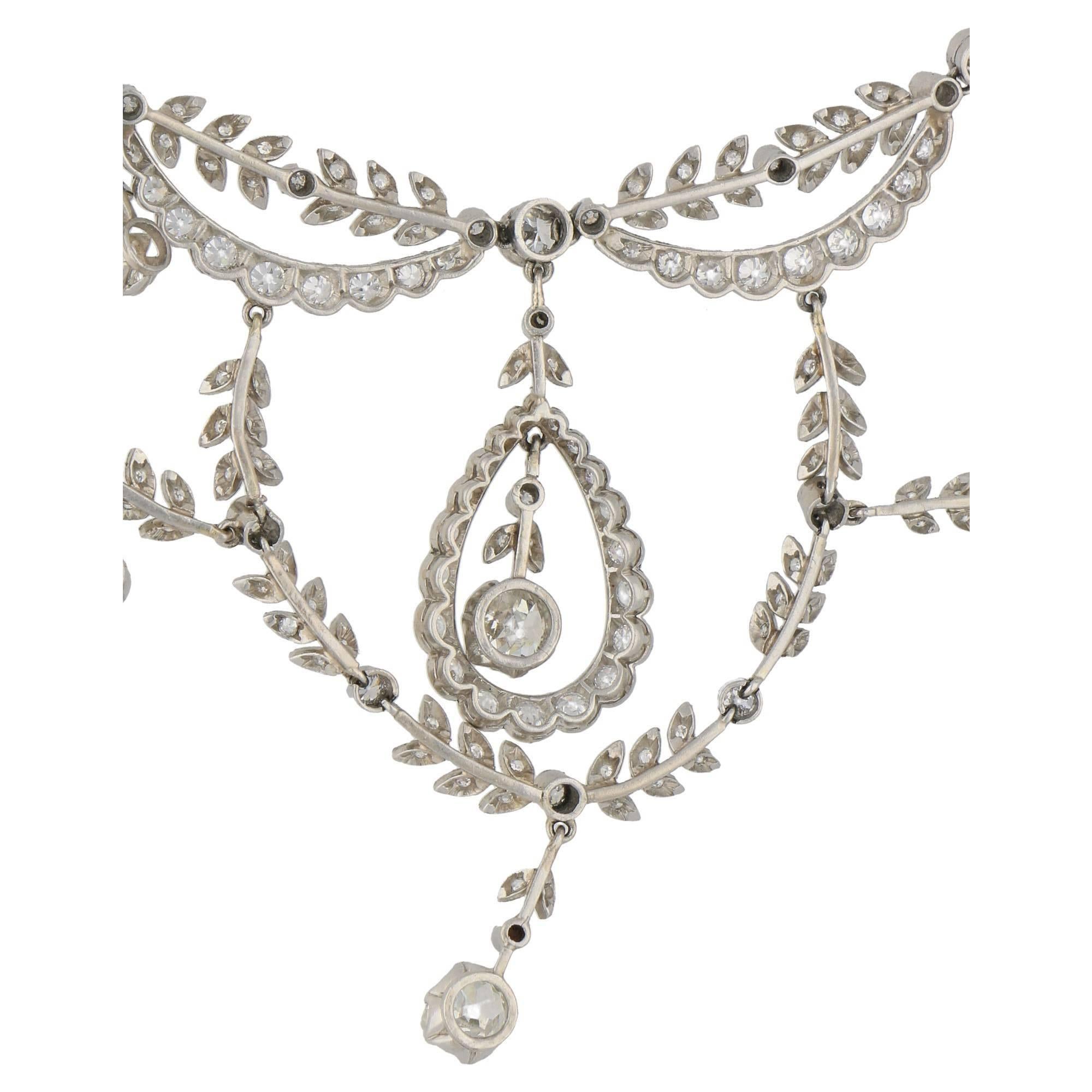 Old European Cut Edwardian Old Cut Diamond Filigree Necklace Set in Platinum