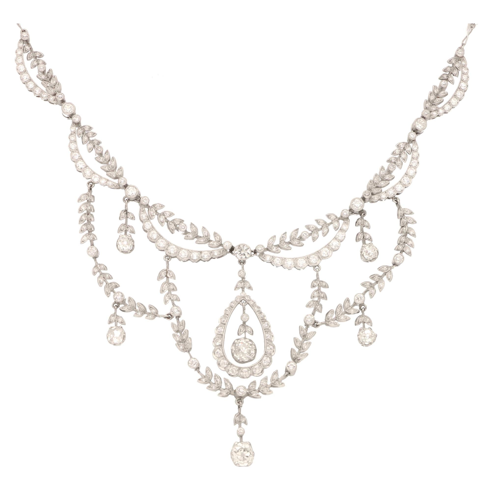 Edwardian Old Cut Diamond Filigree Necklace Set in Platinum