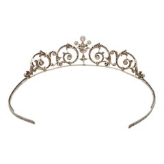 Edwardian Old Cut Diamond Foliate Scroll Tiara in Silver and Gold