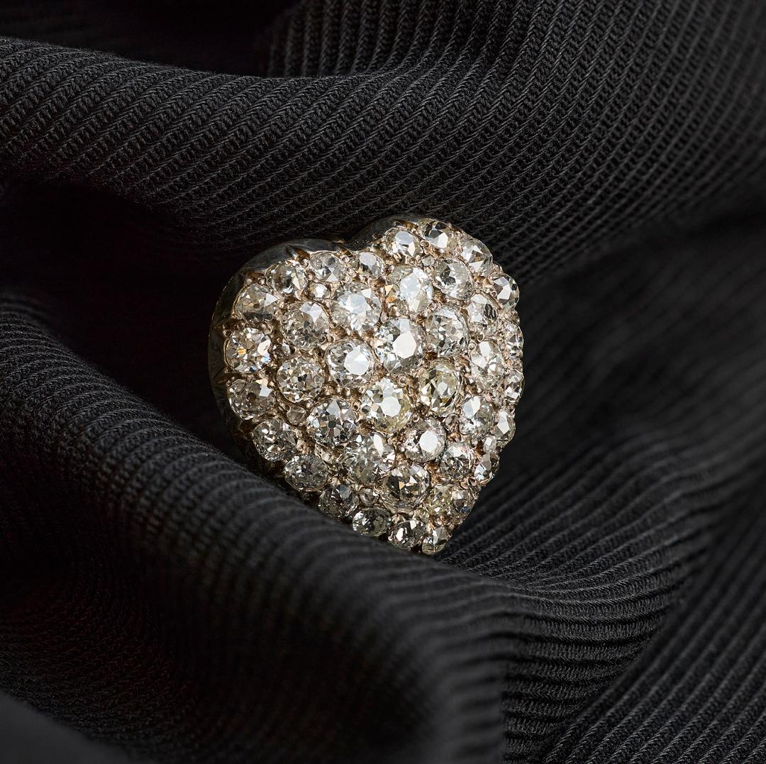 Women's or Men's Edwardian Old-Cut Diamond Heart Brooch